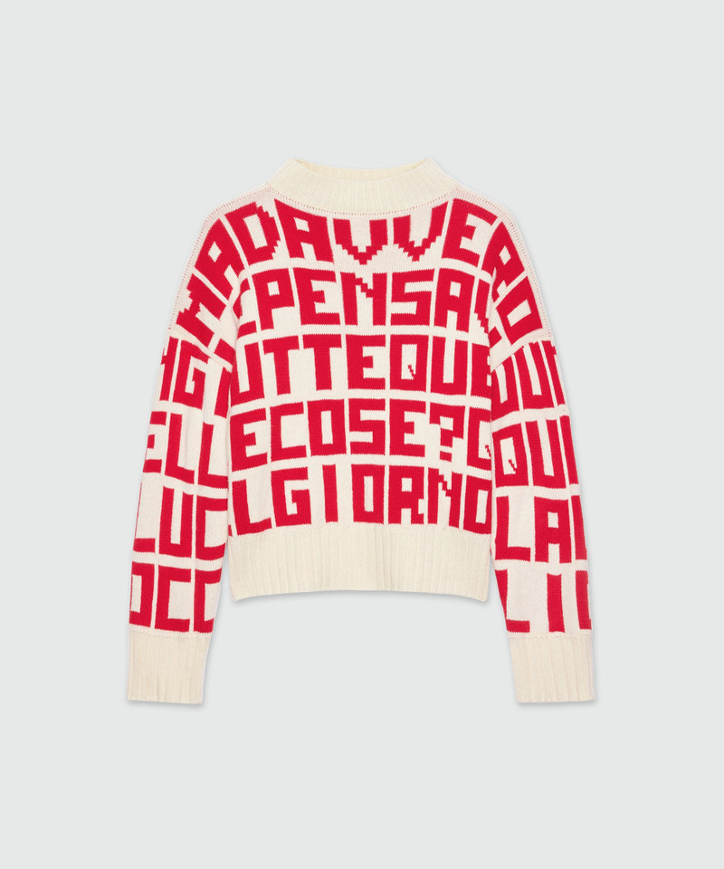Caterina Frongia x MSGM cream sweater with red jacquard quotes 1