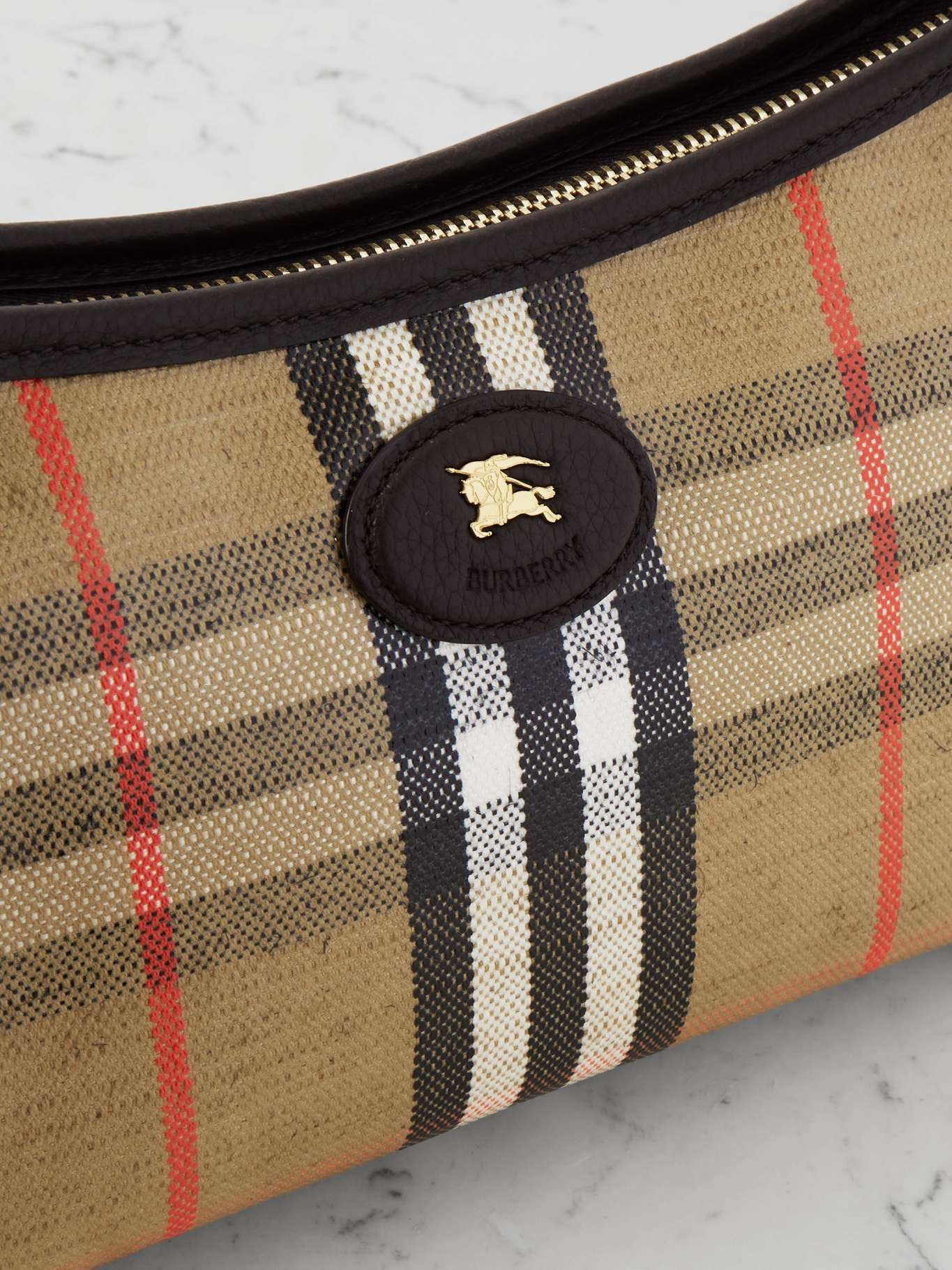 Leather-trimmed checked canvas shoulder bag Sand - 4