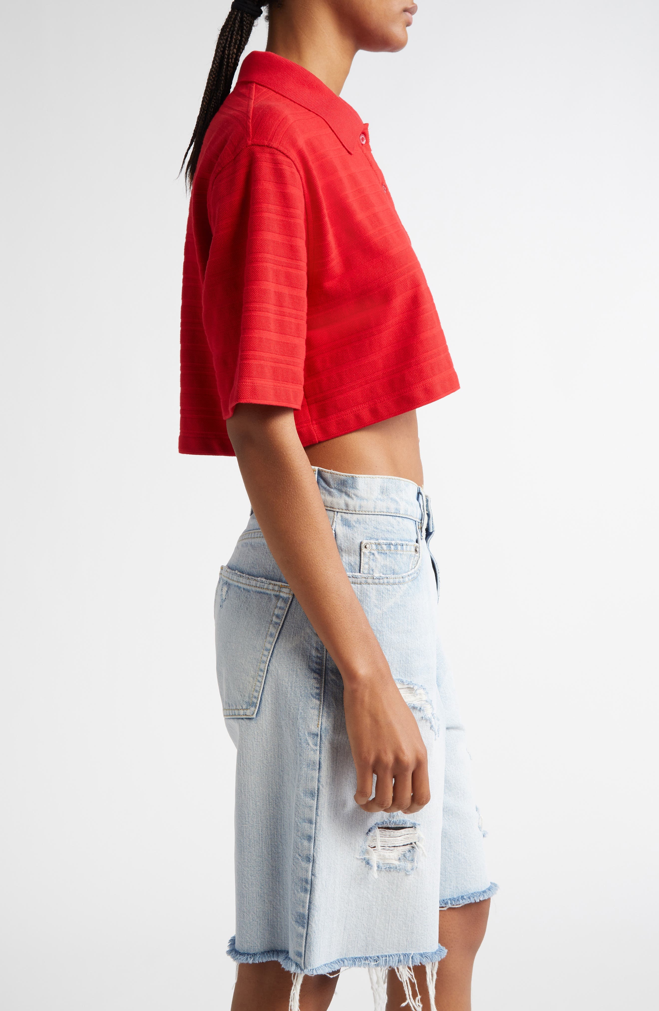 Golden Goose Textured Stripe Logo Embroidered Crop Polo in Haute Red at Nordstrom - 3
