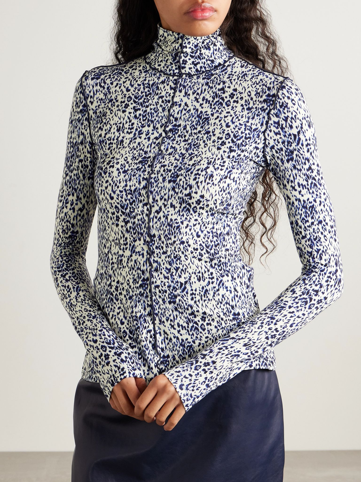 Audrey ruffled cheetah-print jersey turtleneck top Blue - 3