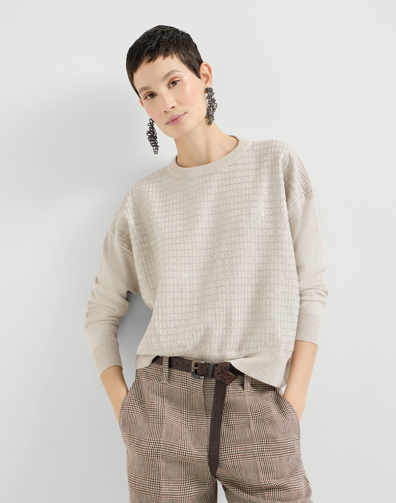 Virgin wool, cashmere and silk sweater with dazzling check embroidery 5