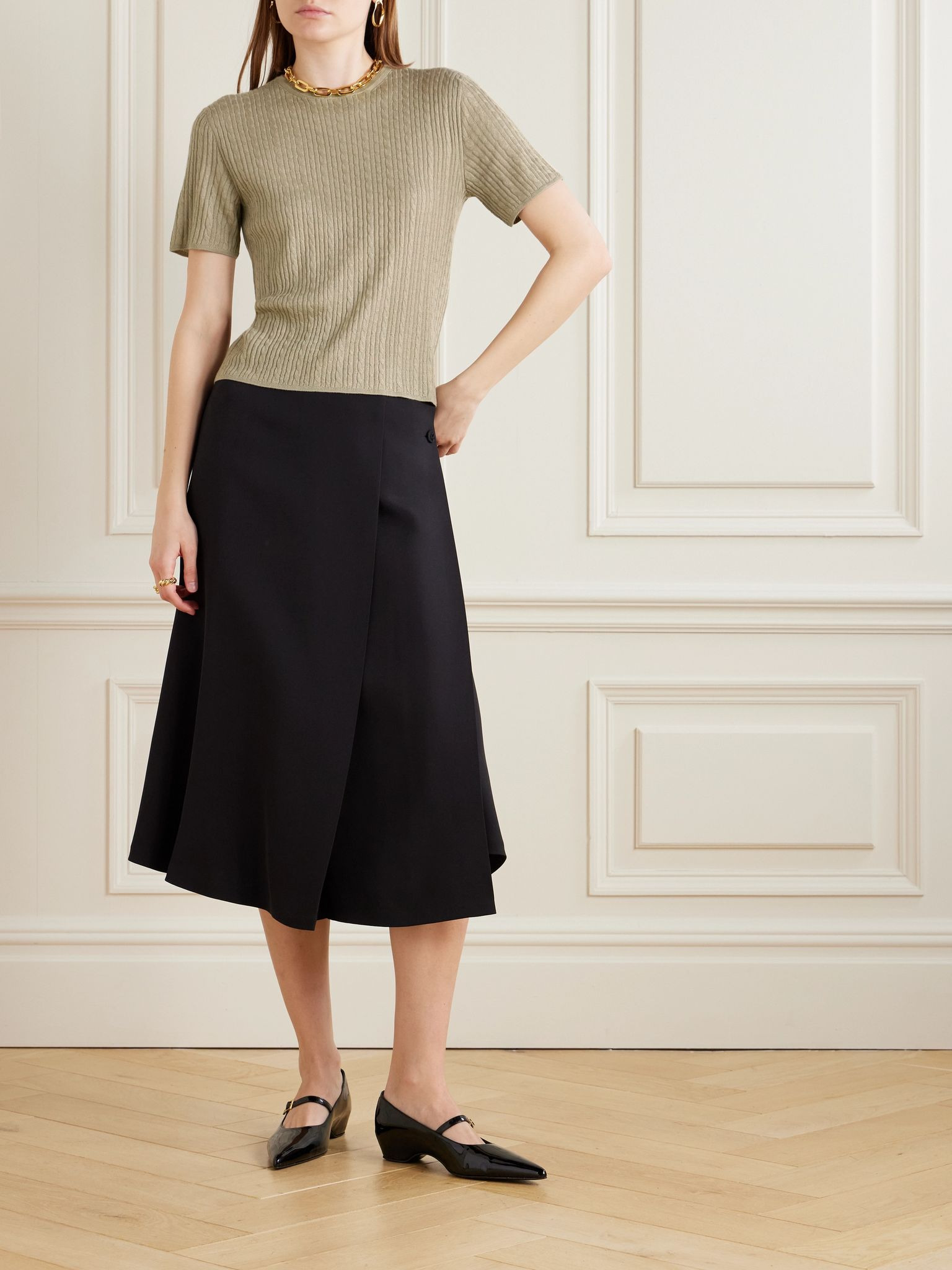 Rimella cable-knit cashmere and silk-blend T-shirt Sage green - 2