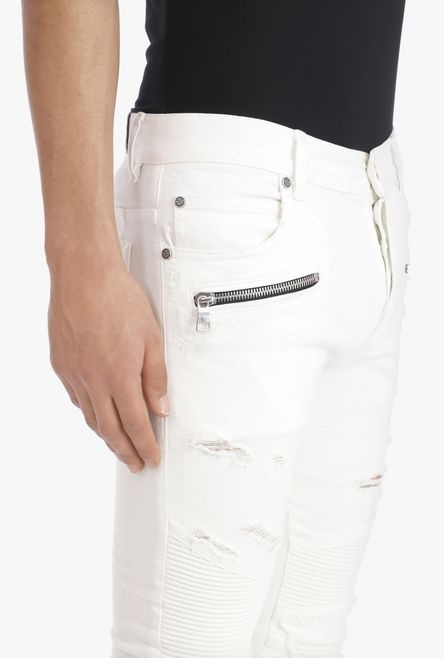 Slim-fit ripped white cotton jeans - 9