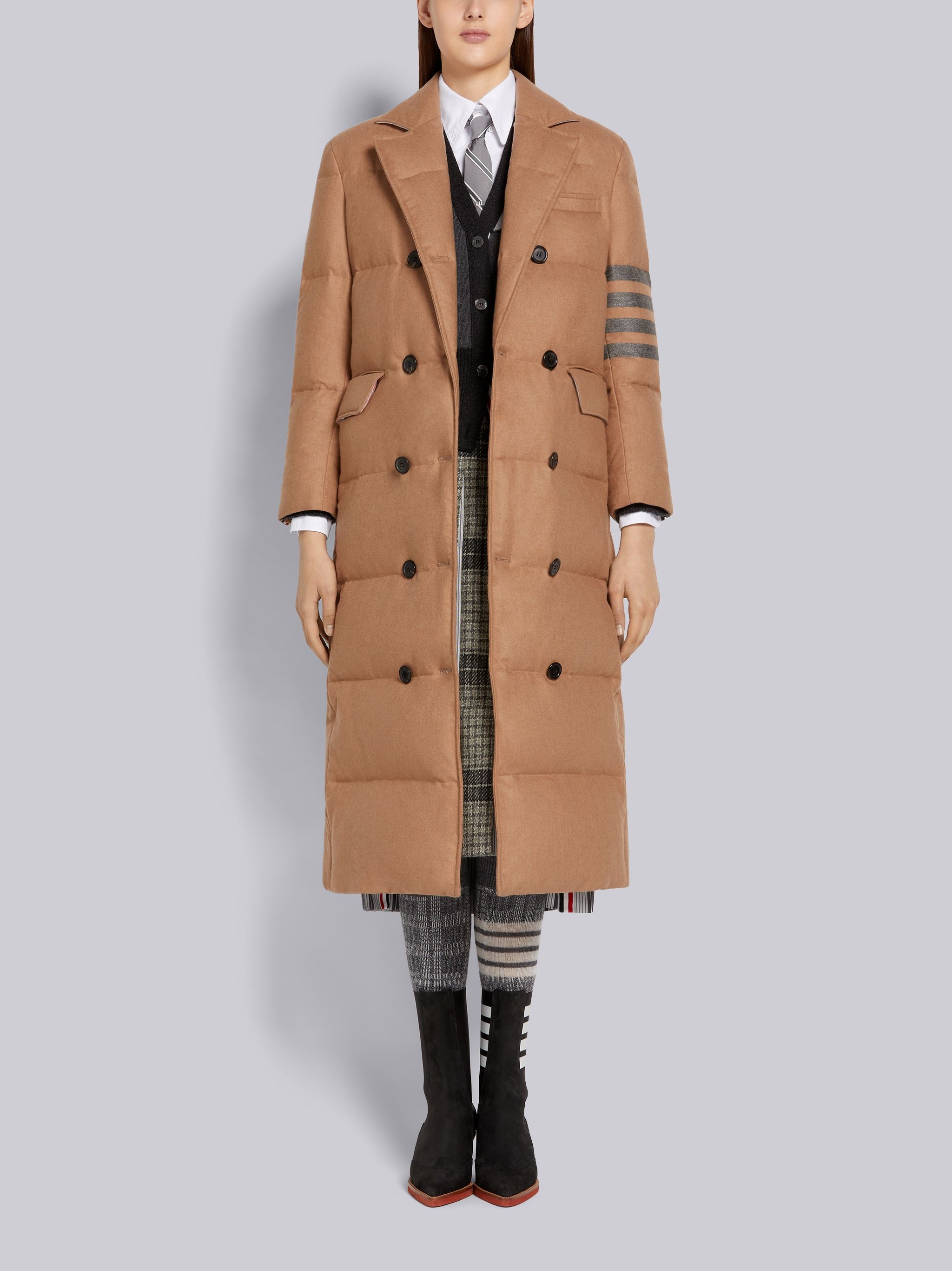 Medium Grey Grid Windowpane Check British Wool Grosgrain Waistband Below-the-Knee Dropped Back Pleat - 4