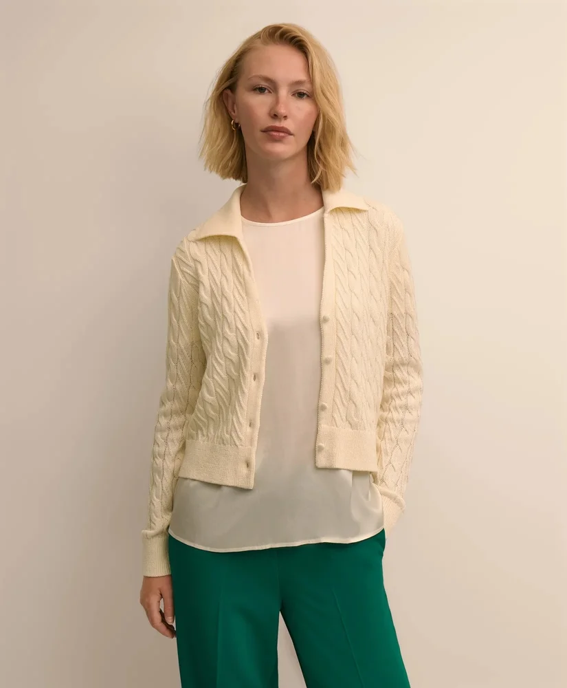 Cropped Cotton Cable-Knit Polo Cardigan - 1