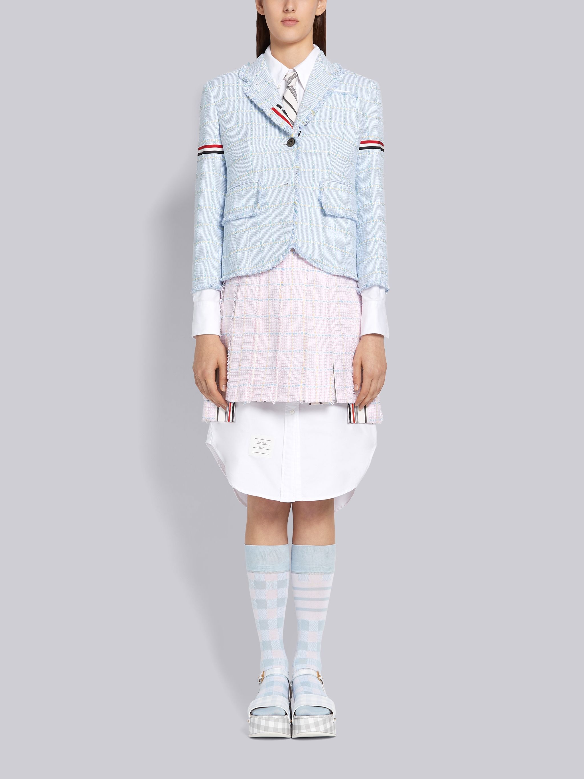 Pink Cotton Windowpane University Check Tweed Dropped Back Mini Pleated Skirt - 4