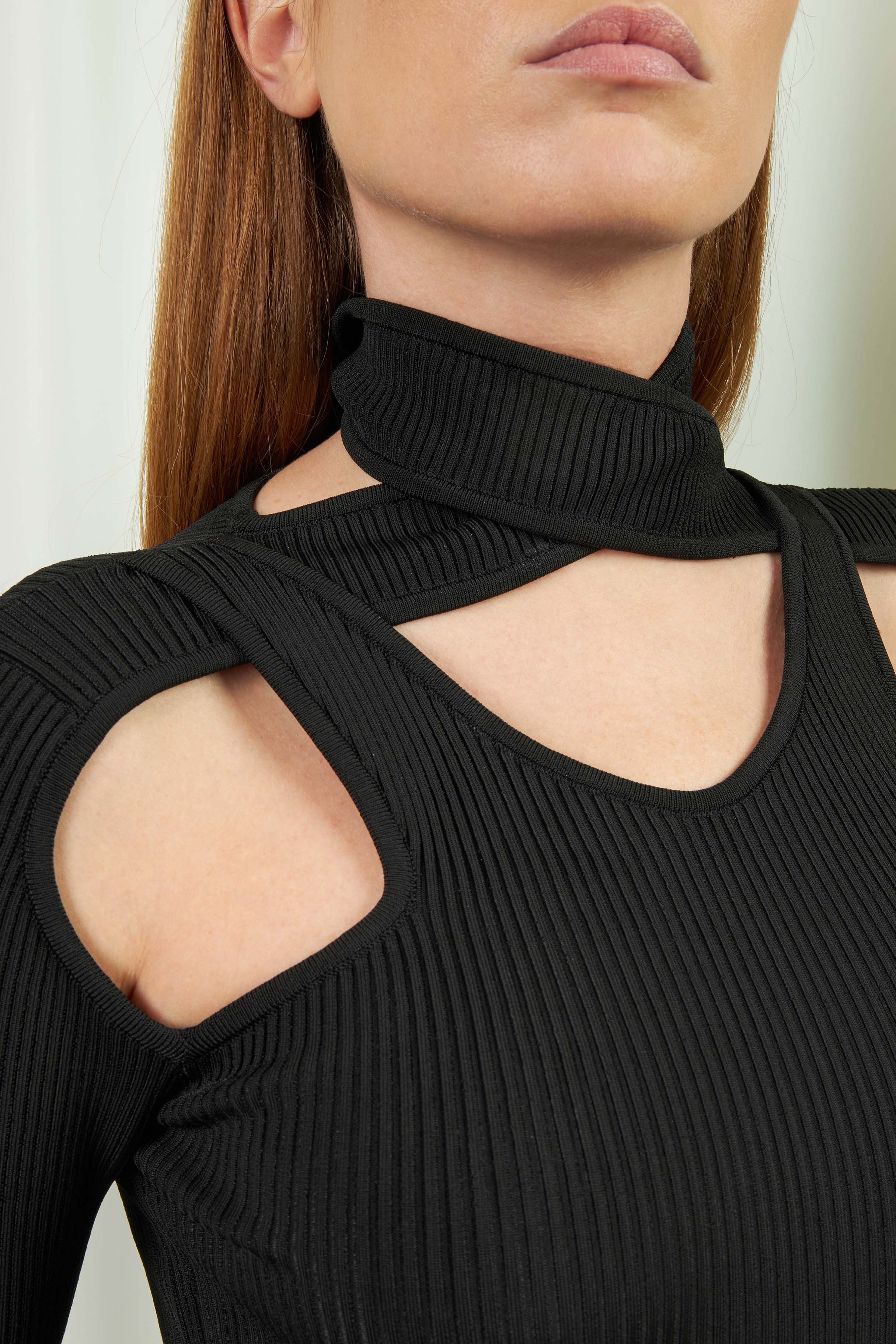 Black Ribbed Top with Cut-Outs - 4