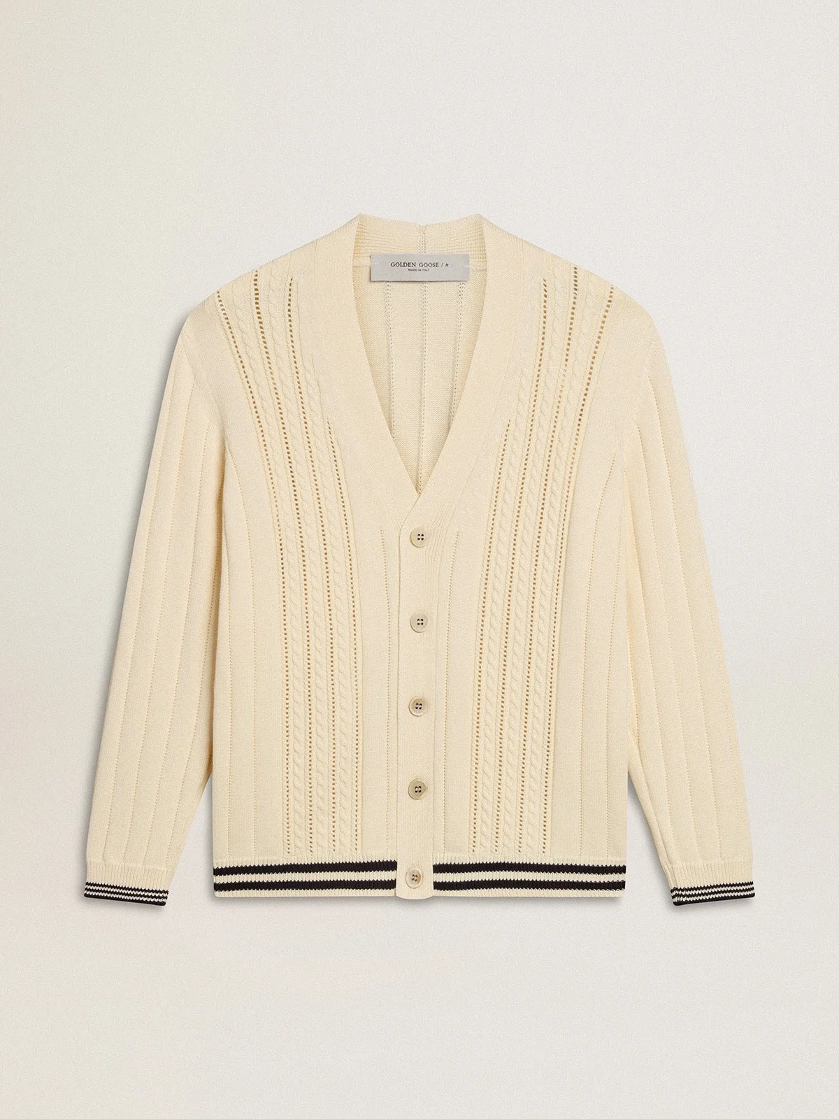 Men's white cotton cardigan with a cable pattern and blue ribbing - 1