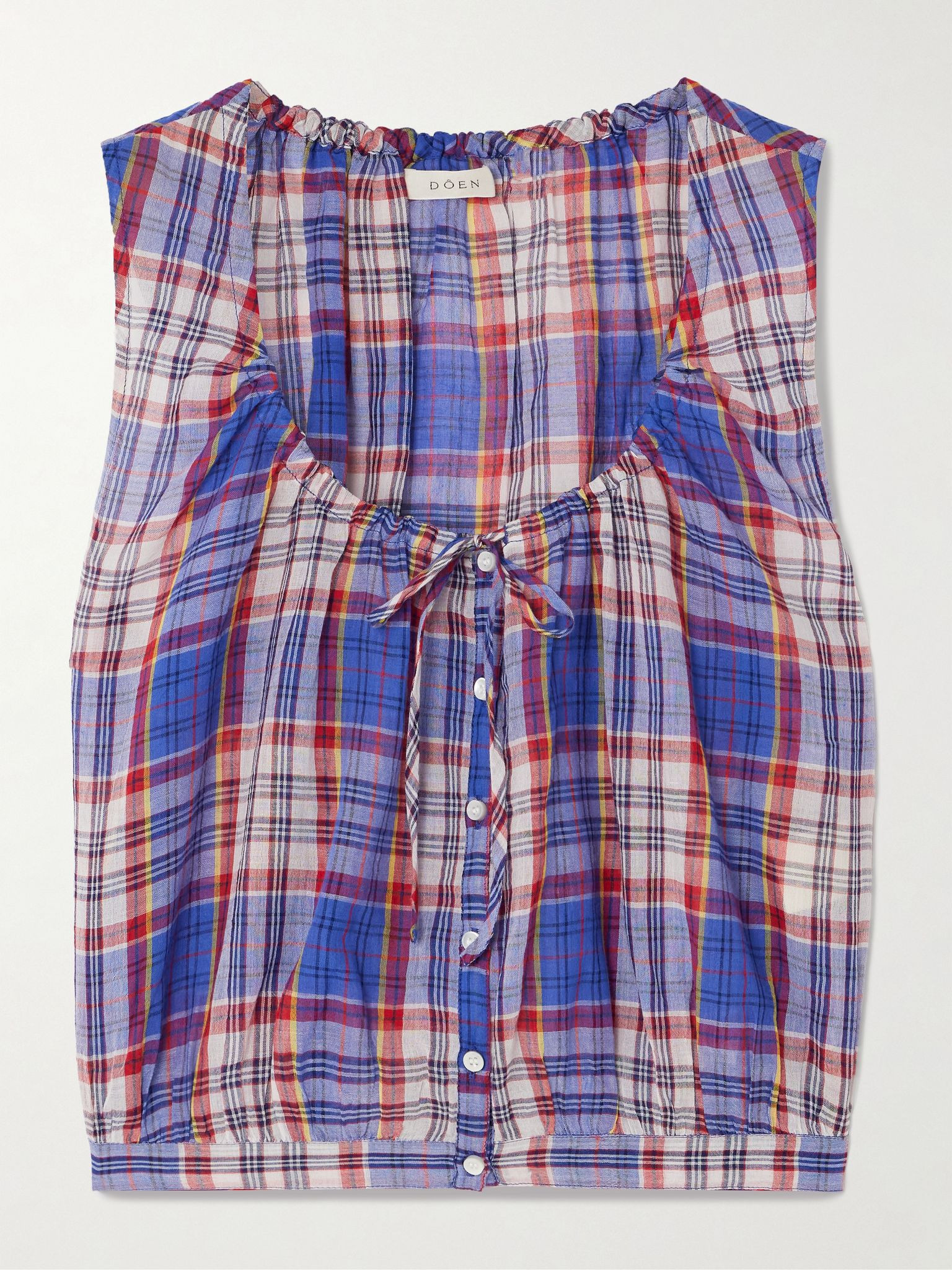 Theo tie-neck checked cotton-voile top Blue - 1