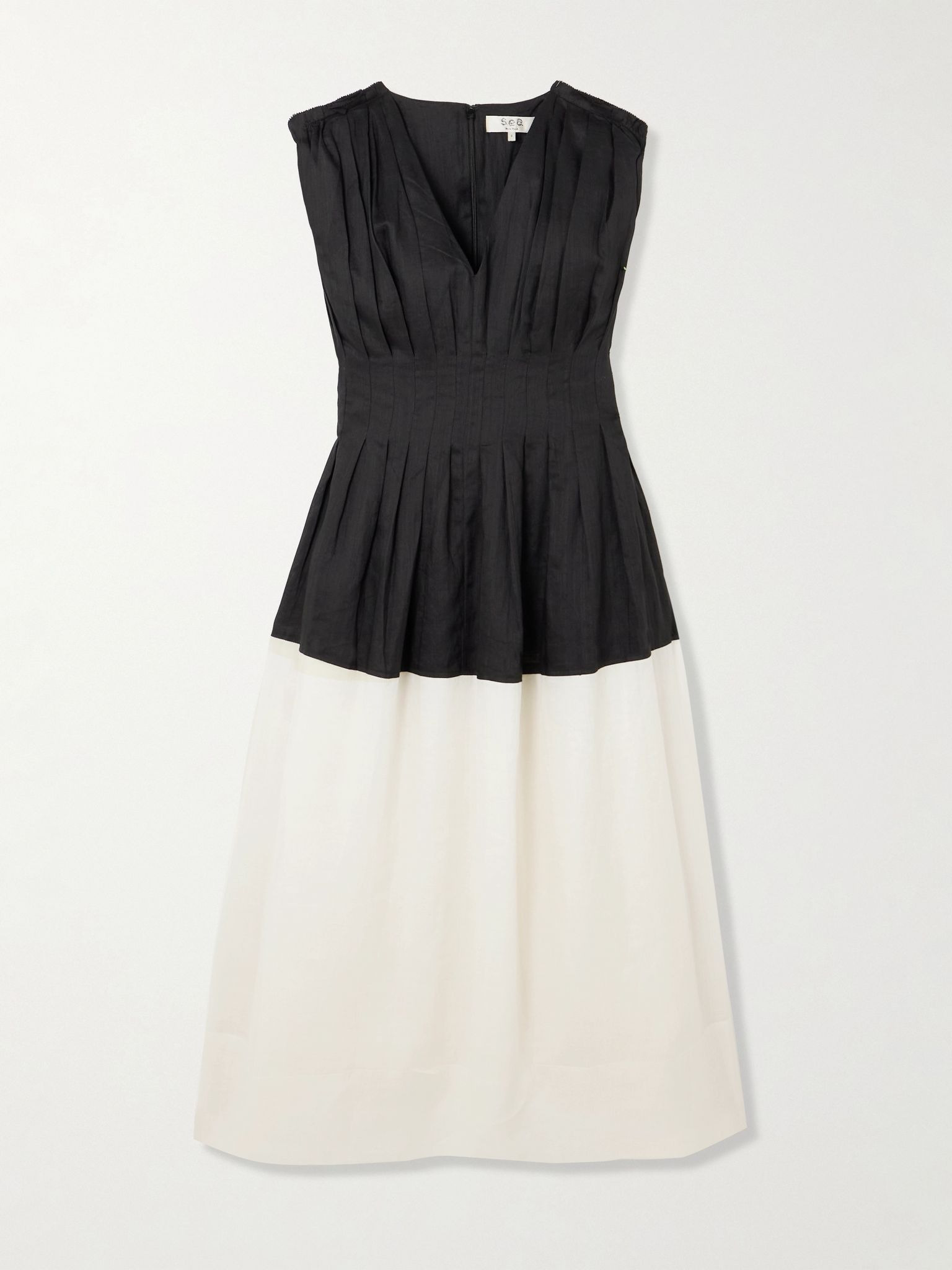Nicola two-tone pintucked ramie midi dress Black - 1