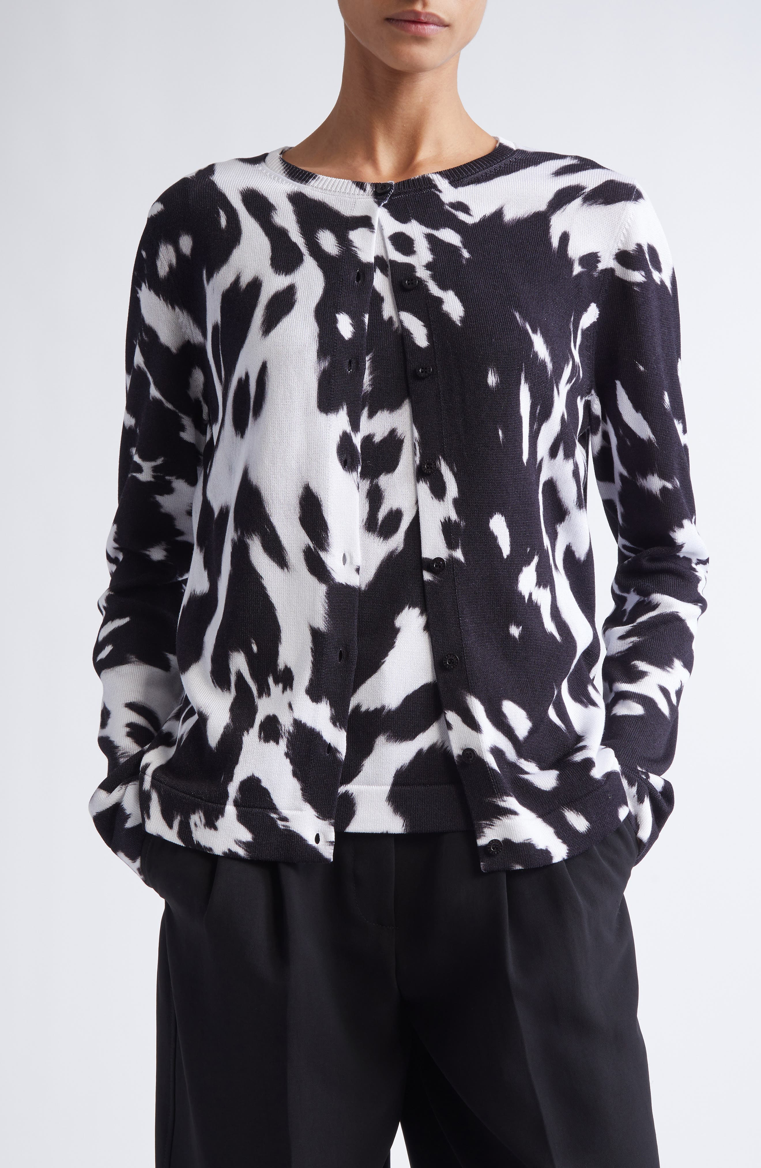 Oscar de la Renta Cow Print Cotton Blend Cardigan in Black/Ivory at Nordstrom - 1
