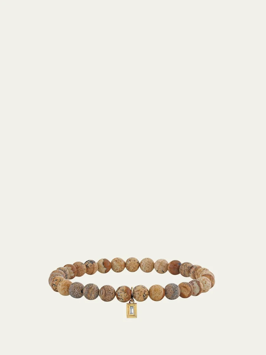 14K Single Baguette Diamond on Jasper Stretch Bracelet - 1
