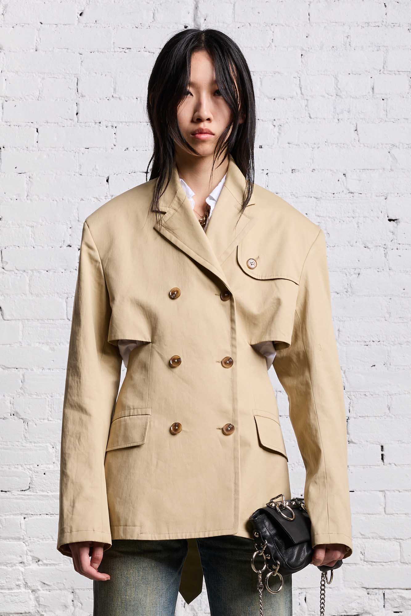 DOUBLE BREASTED OPEN BACK BLAZER - LIGHT KHAKI - 4