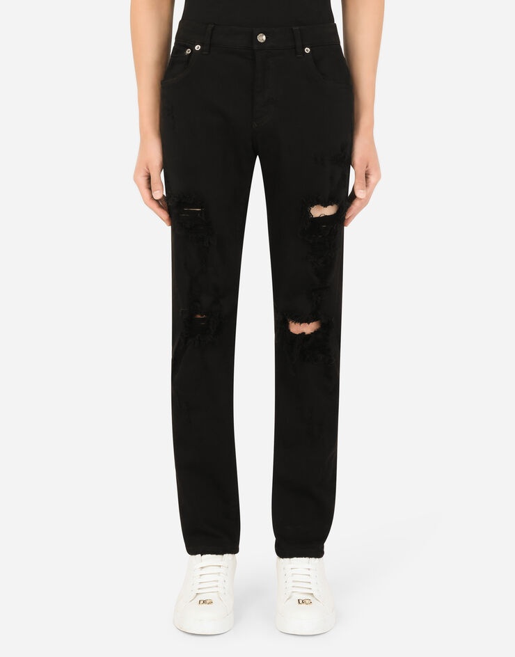 Black slim-fit stretch jeans with rips - 1