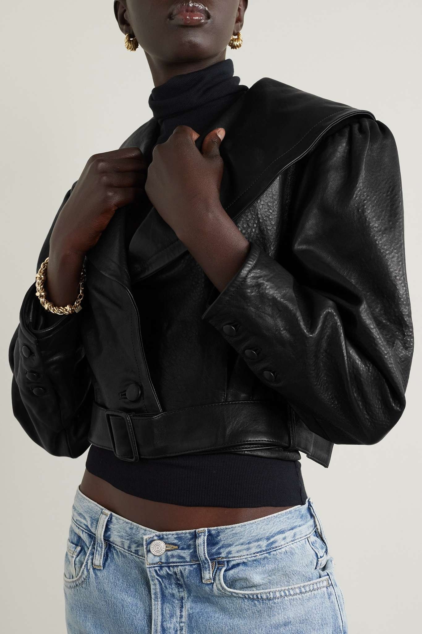 Cropped belted textured-leather jacket - 3