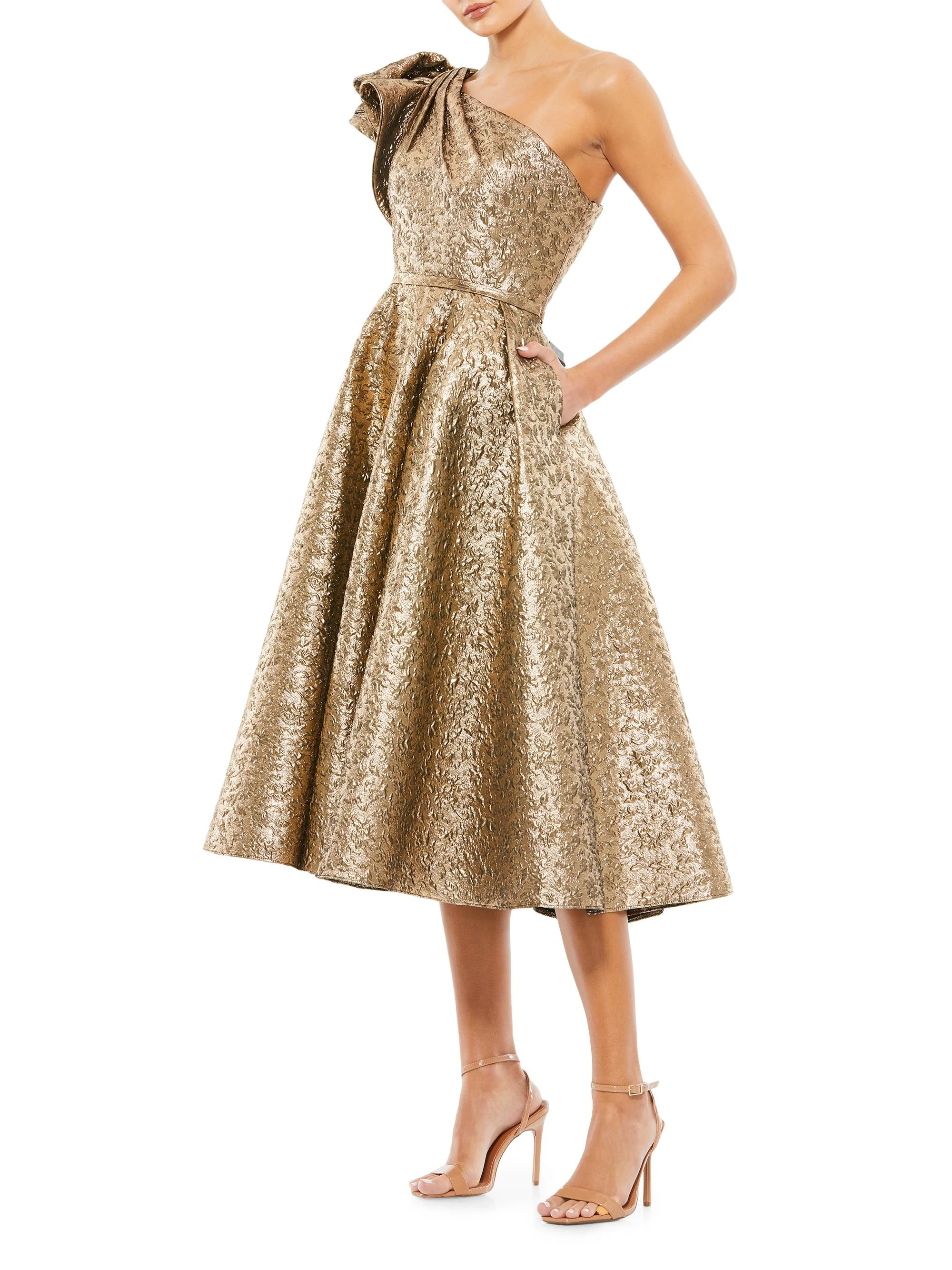 Women's Asymmetric Metallic Tea-Length Dress - Antique Bronze - 1