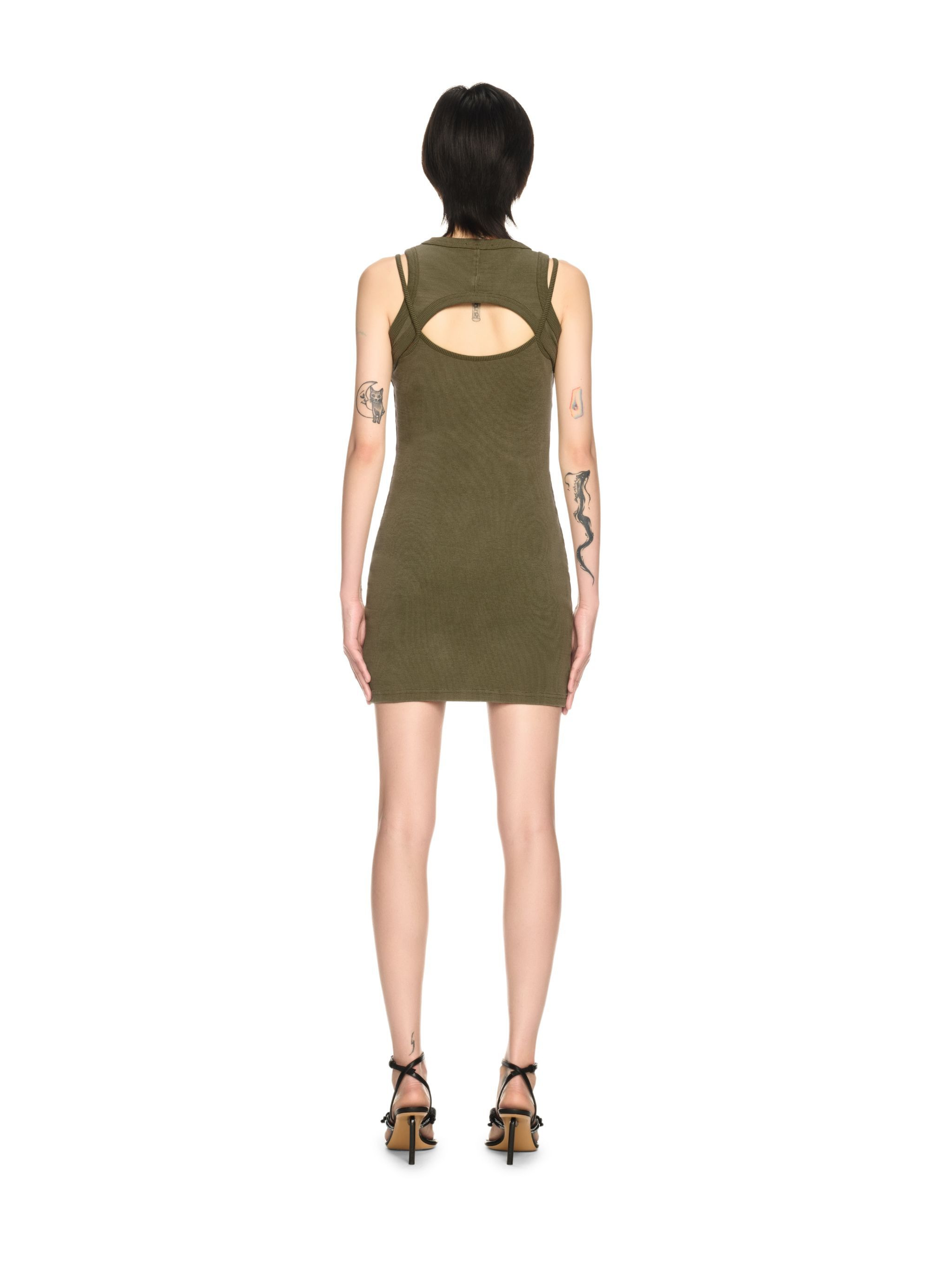 Green Stamp Ribbed Cut-out Dress - 4