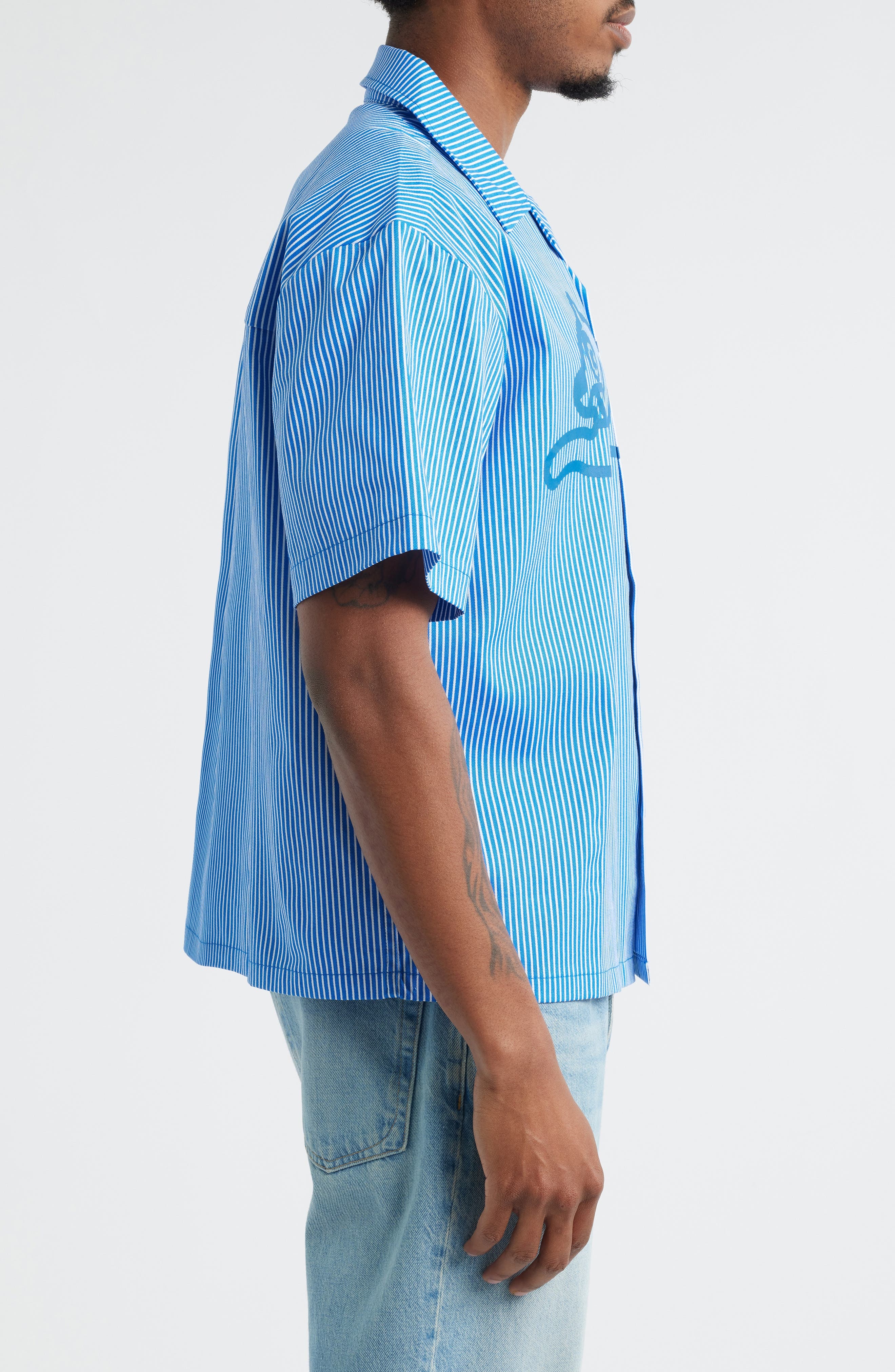 ICECREAM Decker Pinstripe Cotton Camp Shirt in Victoria Blue at Nordstrom - 4
