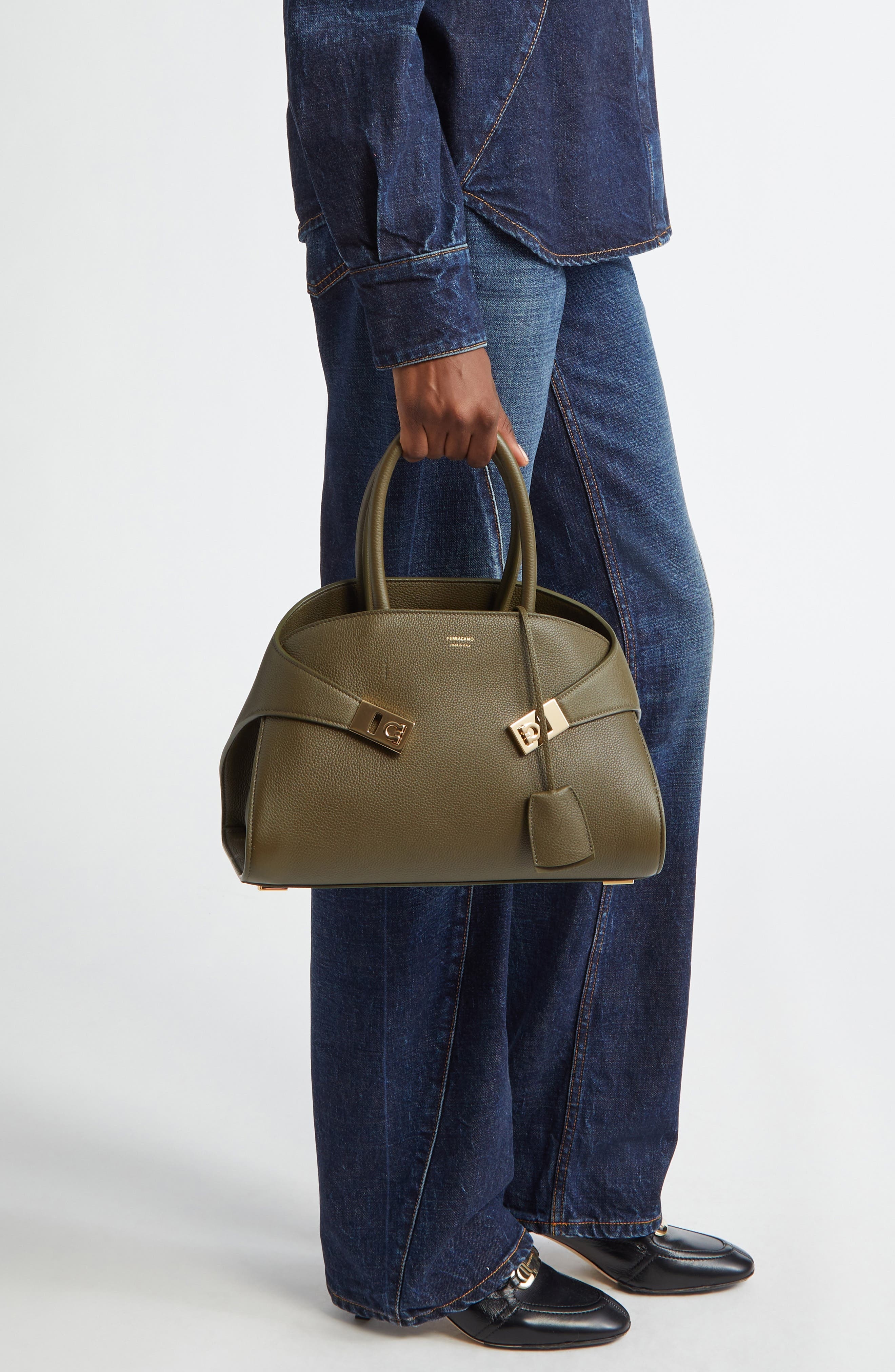 FERRAGAMO Small Hug Grained Leather Top Handle Bag in New Olive at Nordstrom - 3