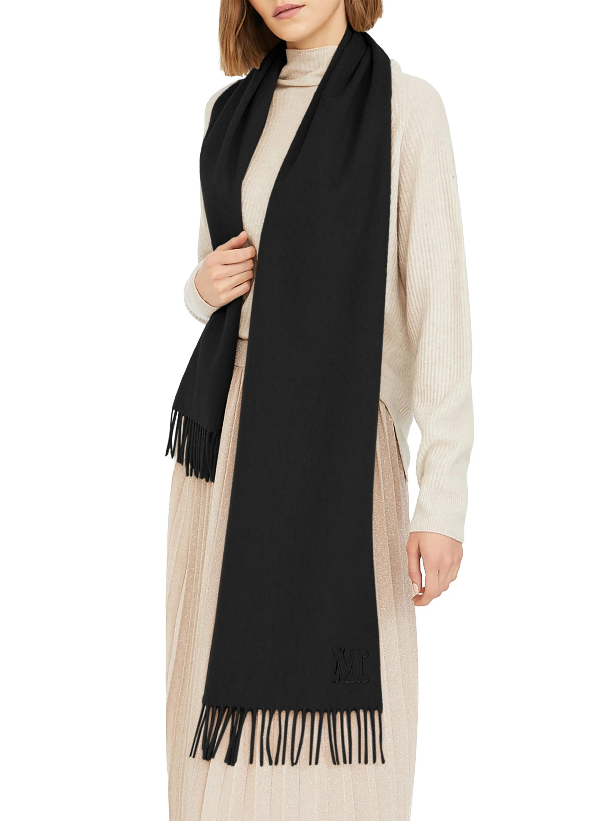 Women's Monogram Embroidered Camel Stole - Black - 1