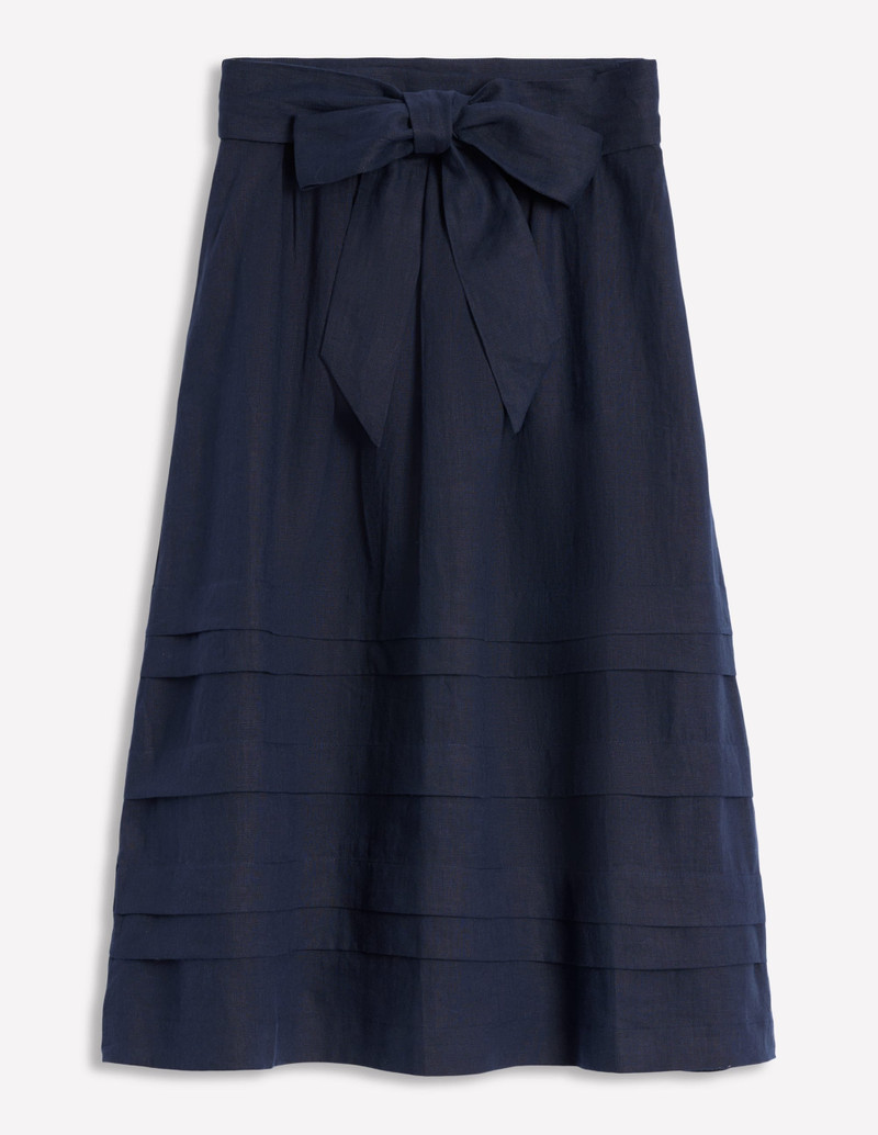 Pintuck Linen Midi Skirt-Navy 1