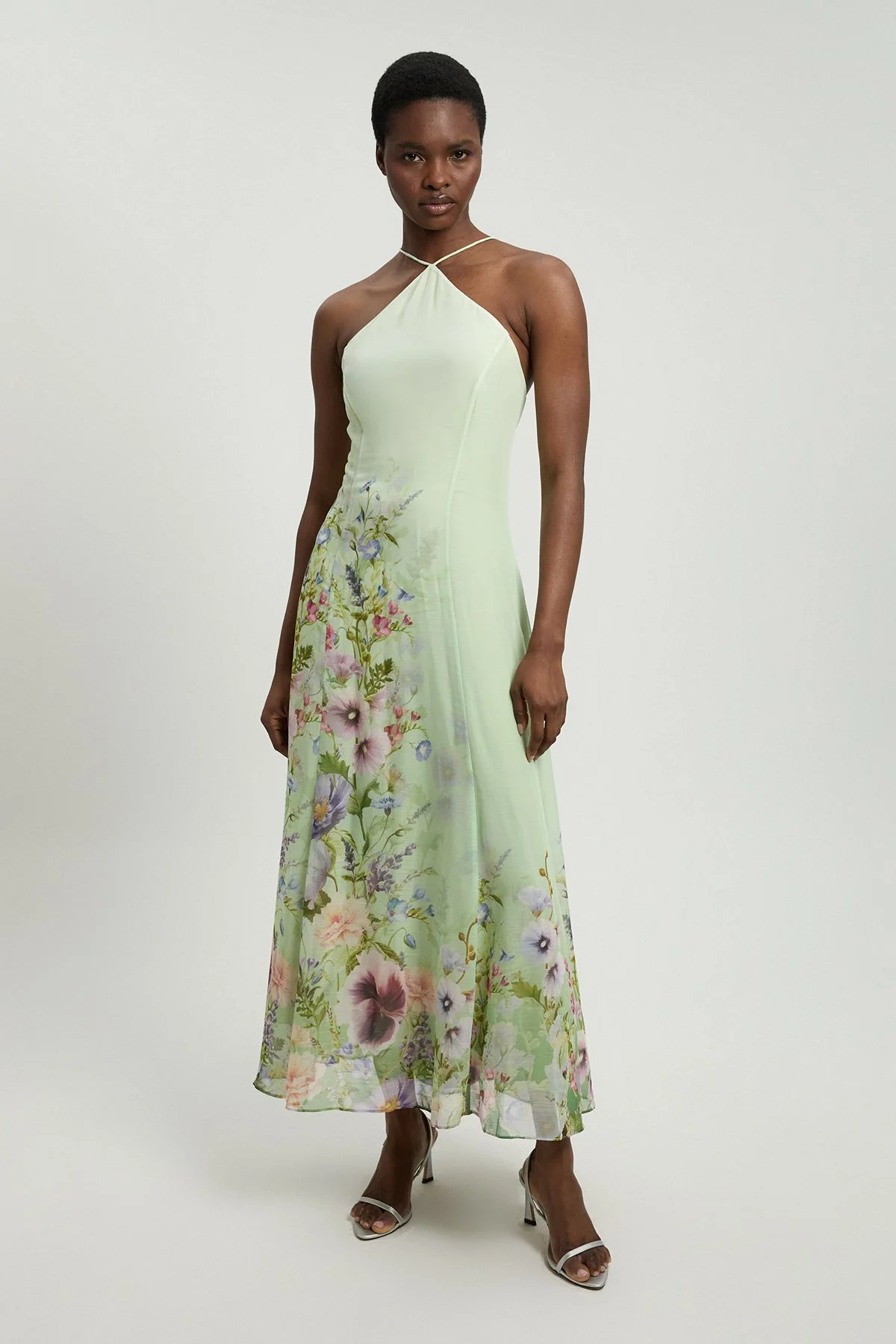 Chiffon Floral Print Halter Neck Woven Maxi Dress - 1