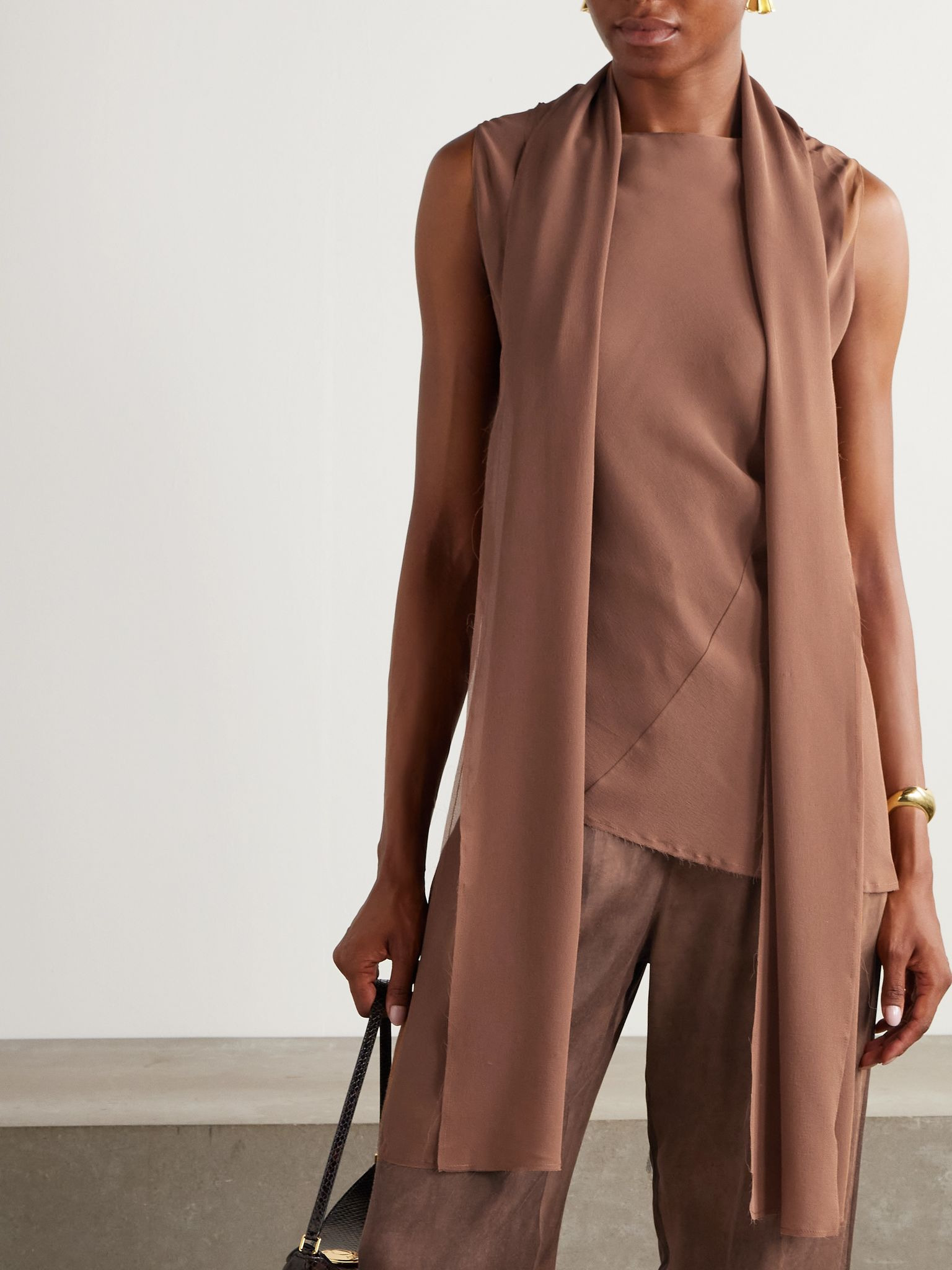 Serene asymmetric draped silk-crepe top Brown - 5