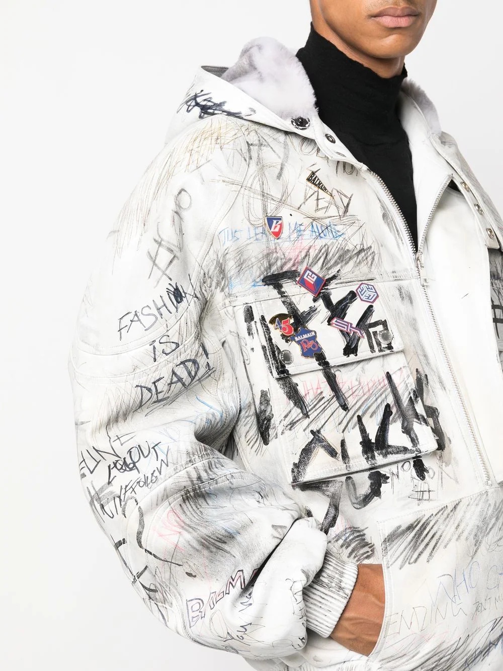 graffiti-print aviator leather jacket - 5