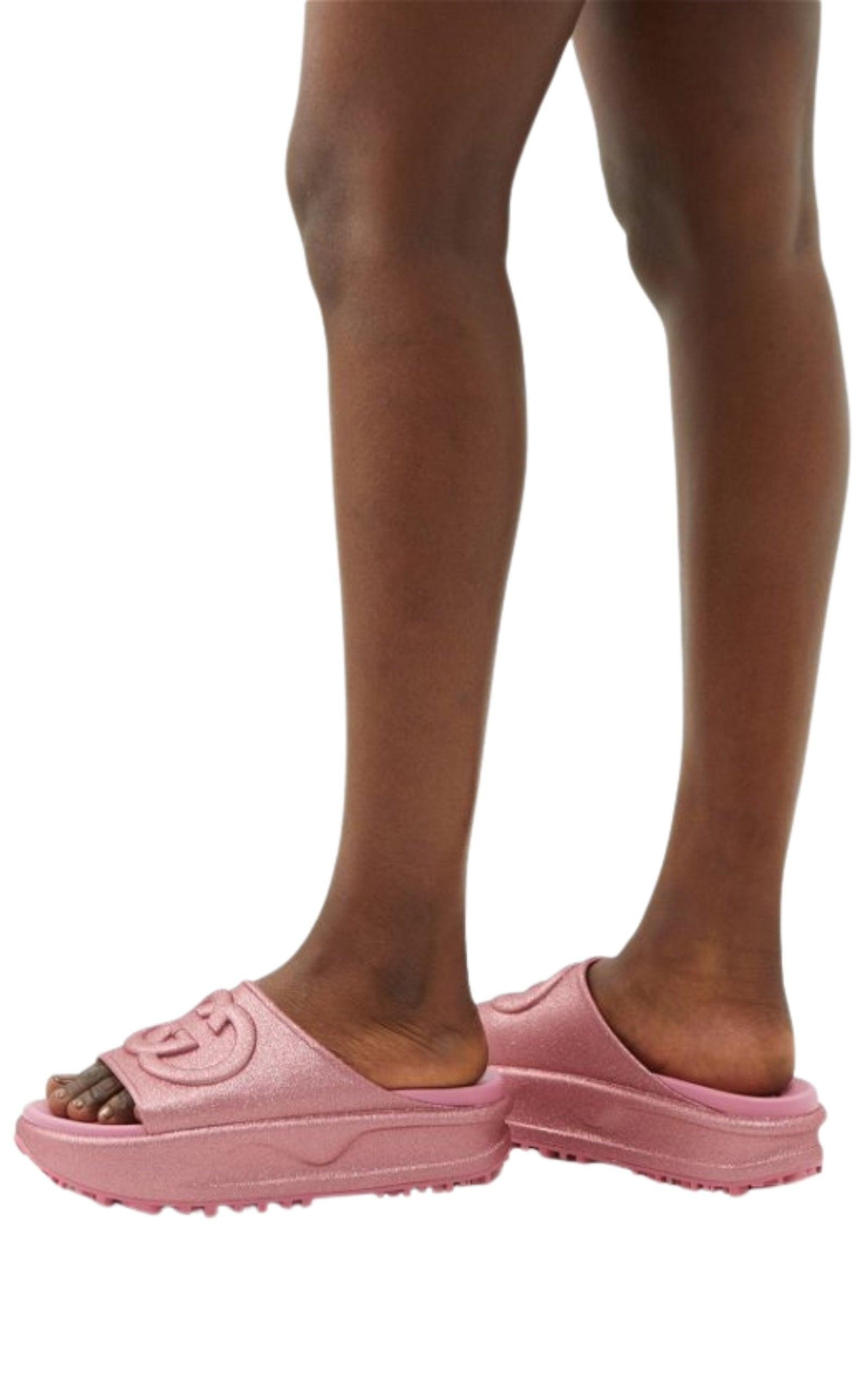 Miami GG-Embossed Glittered Rubber Platform Slides - 2