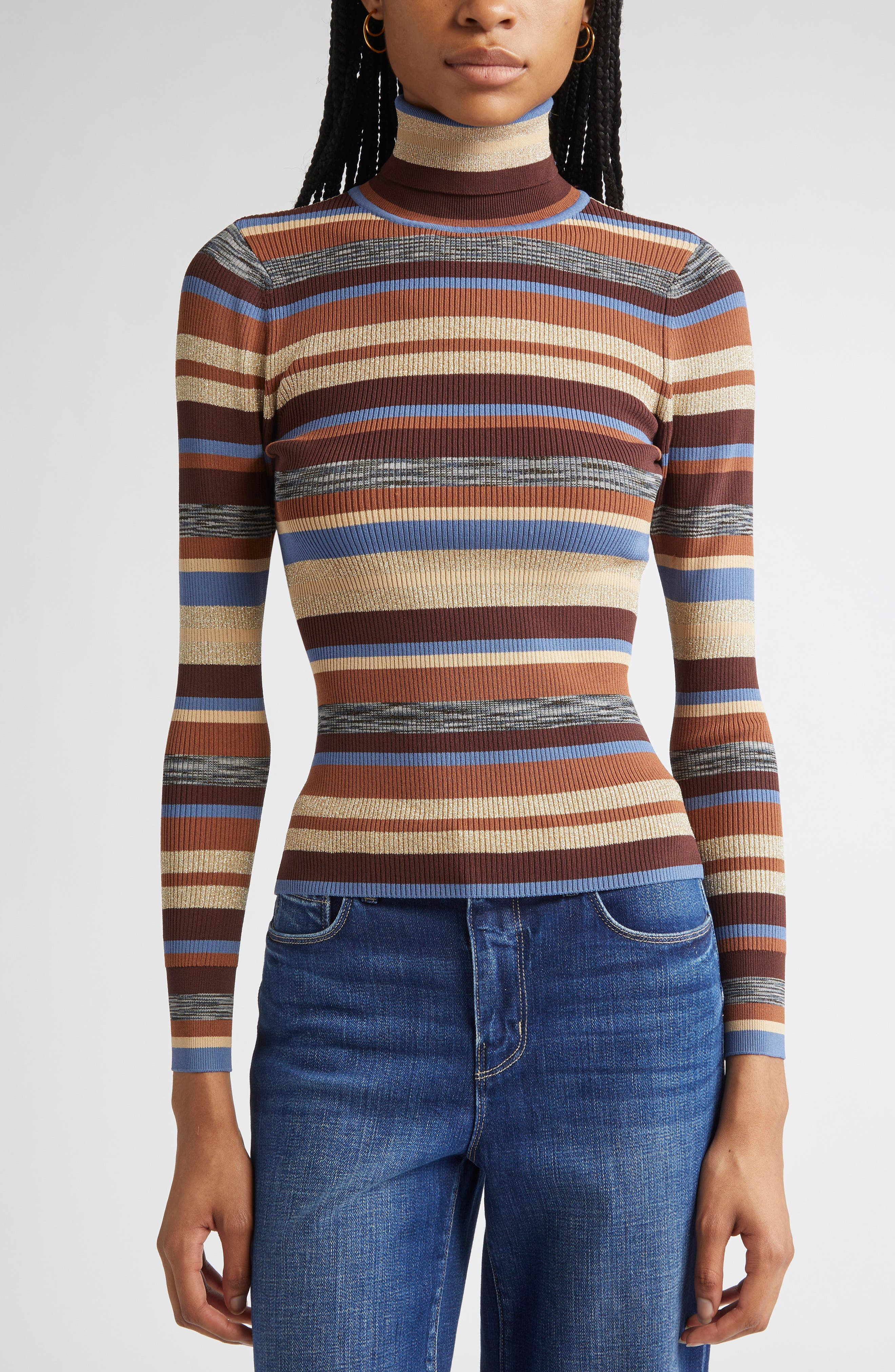 L'AGENCE Olene Stripe Turtleneck Sweater in Stone Blue/Brown Multi at Nordstrom - 1