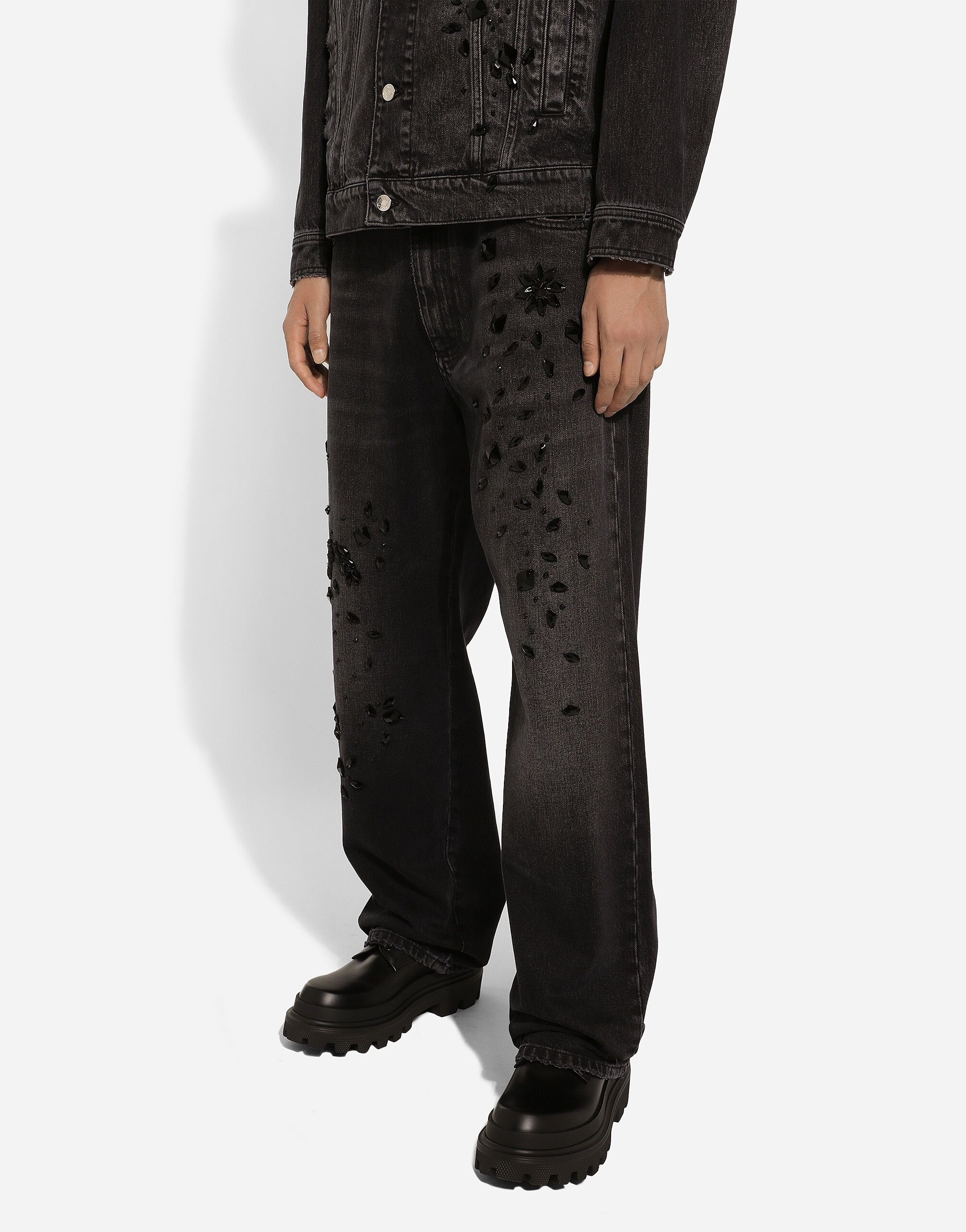 Oversize washed jeans with rhinestone embellishment - 4