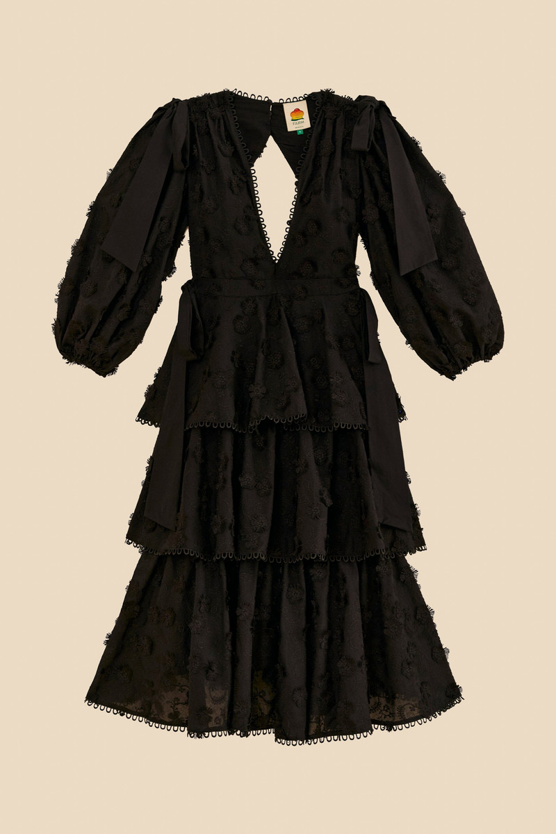 Black Flowers Textured Tiered Midi Dress 7