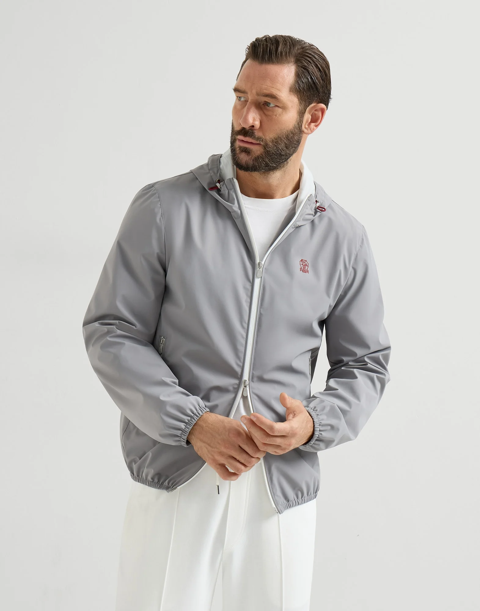 Bonded nylon hooded outerwear jacket with logo - 1