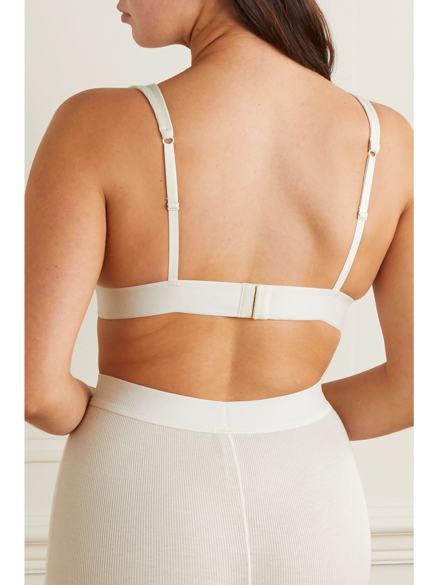 Plunge ribbed cotton-blend jersey bralette - Bone White - 3