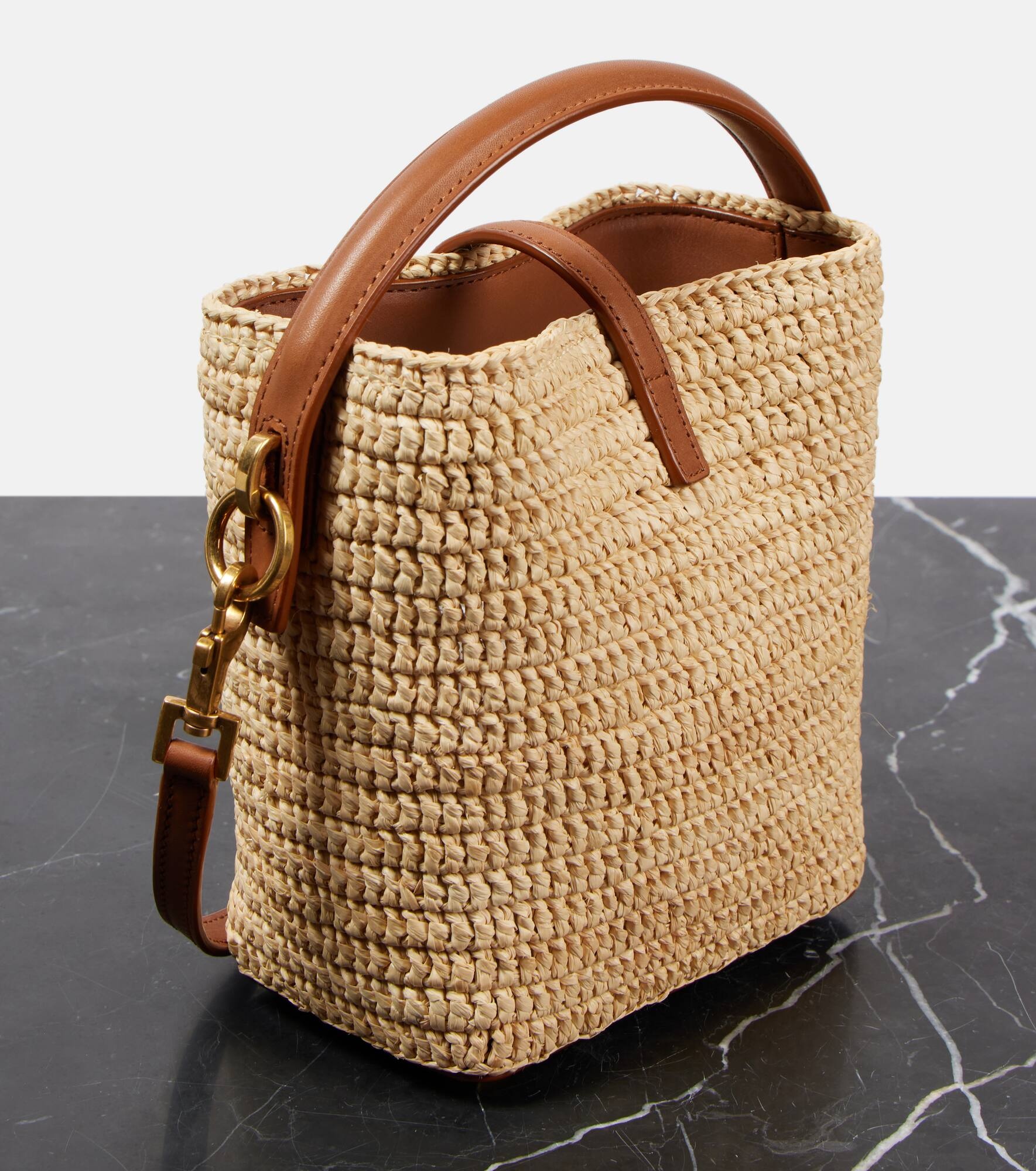 Le 37 Mini leather-trimmed raffia bucket bag - 4