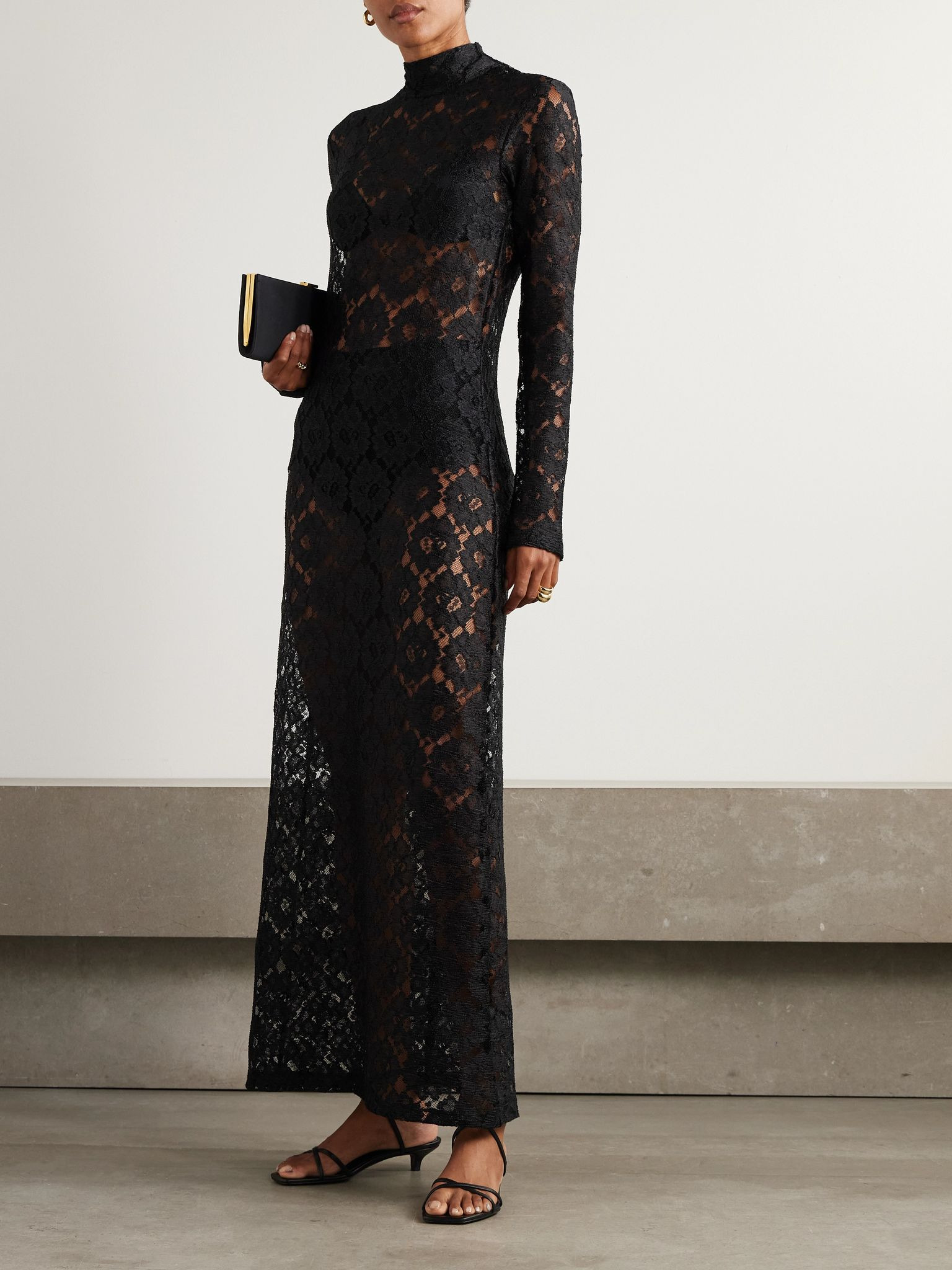 Floral lace maxi turtleneck dress Black - 2
