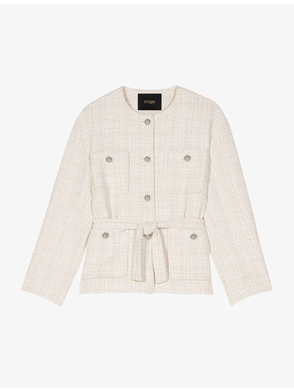 Belted round-neck tweed blazer - 1