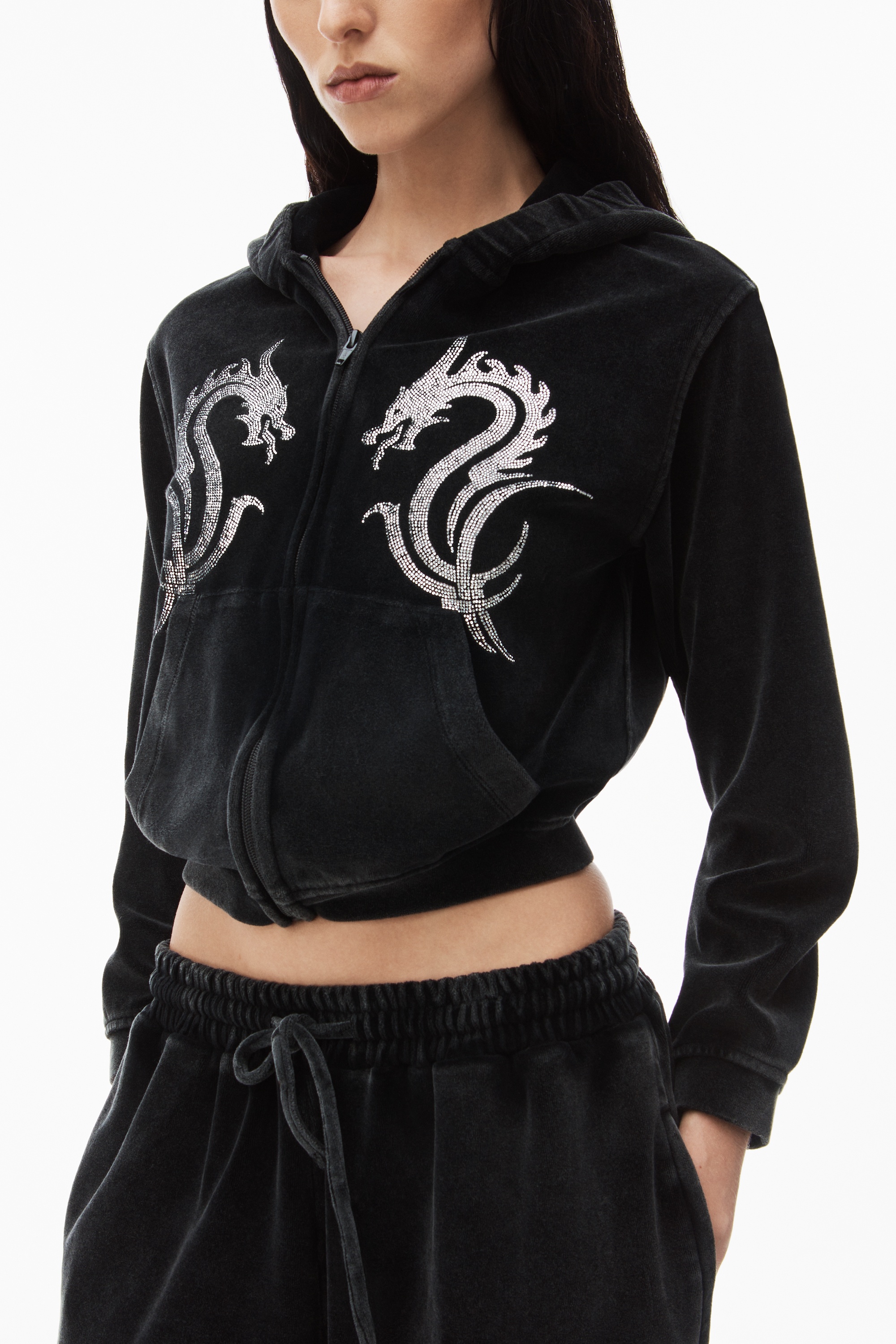 SHRUNKEN ZIP UP VELOUR HOODIE W/  DRAGON CRYSTAL HOTFIX - 3