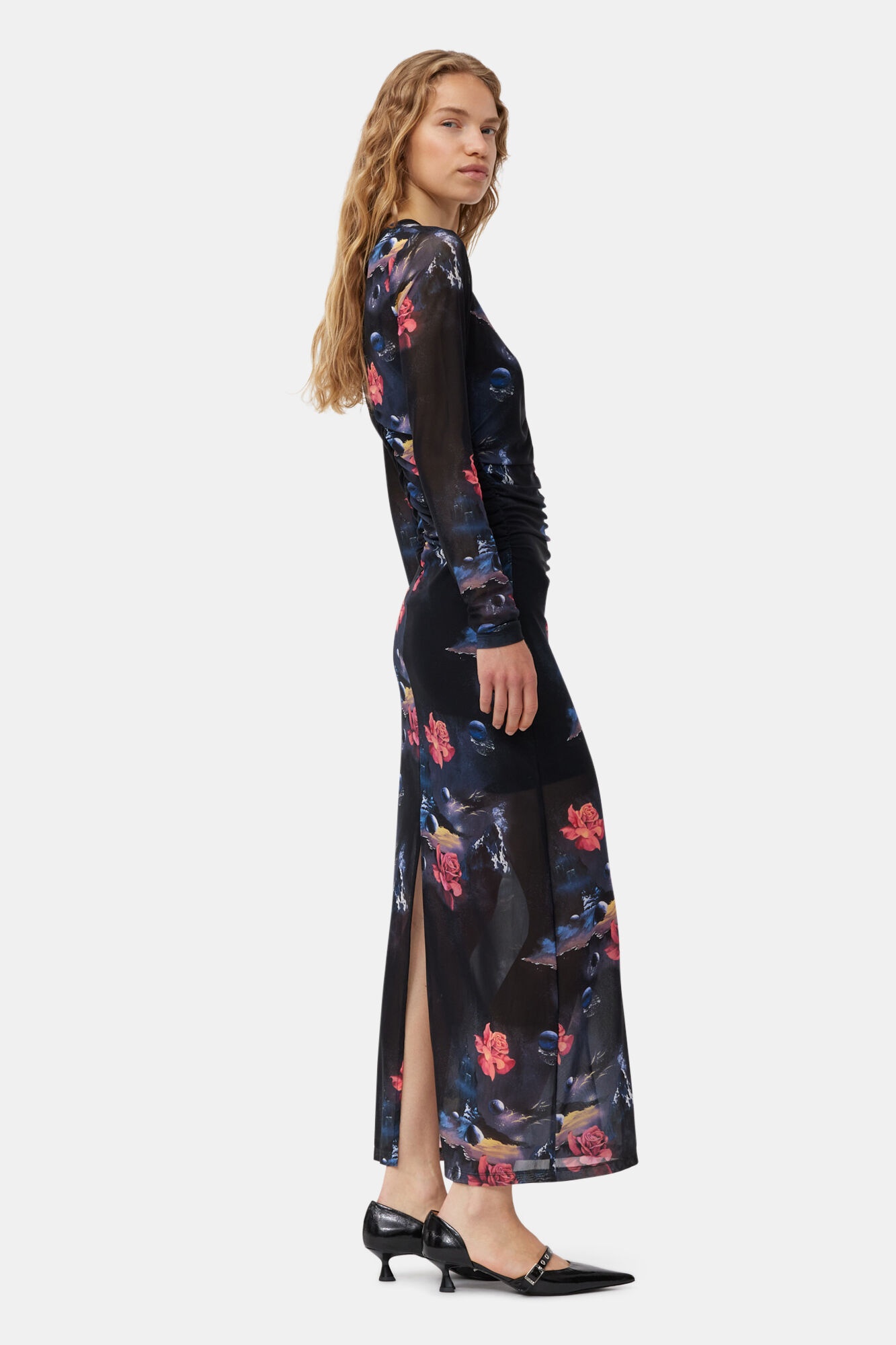 PRINTED MESH O-NECK RUCHED LONG DRESS - 4
