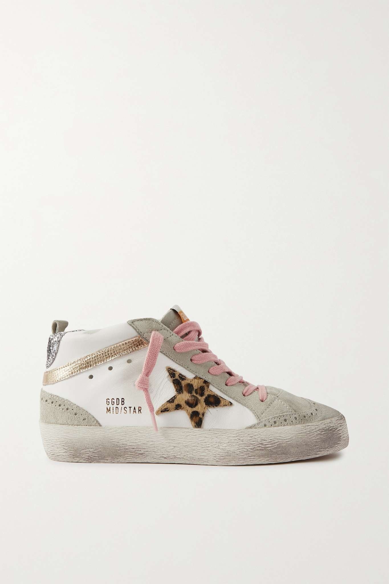 Mid Star embellished distressed leopard-print calf hair, leather and suede sneakers - 1