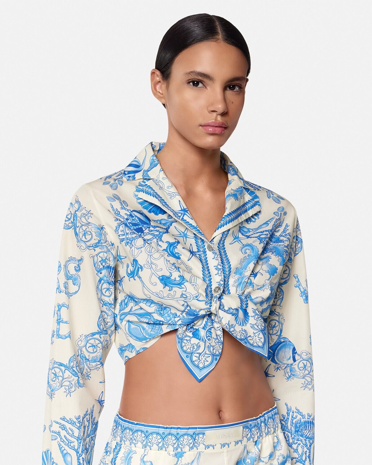Underwater Barocco Knotted Crop Cotton Shirt - 3