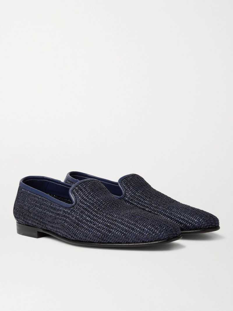 Manolo Blahnik Mario Leather-Trimmed Raffia Loafers Navy outlook