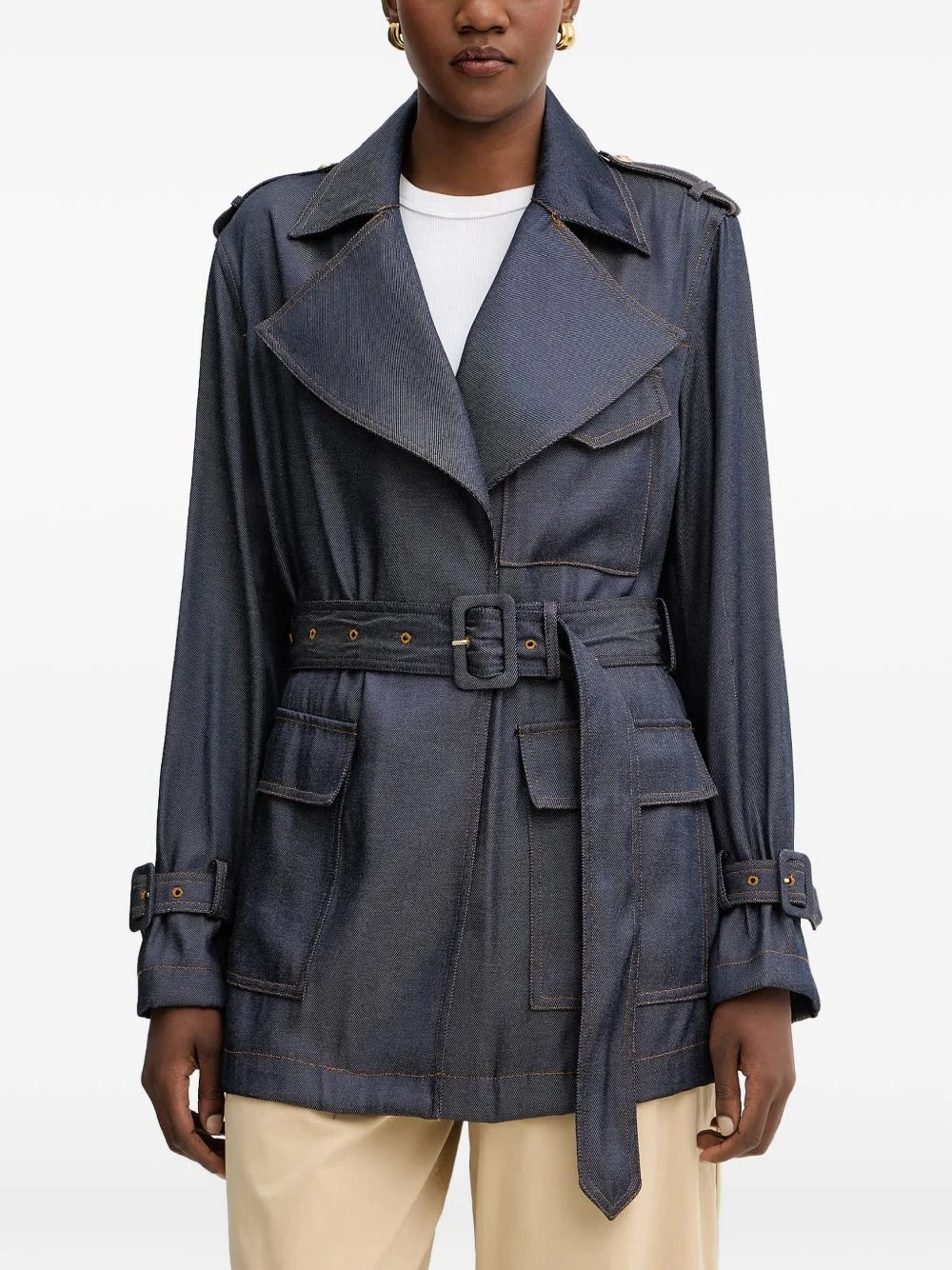 Regine belt-detail short denim trench coat - 1
