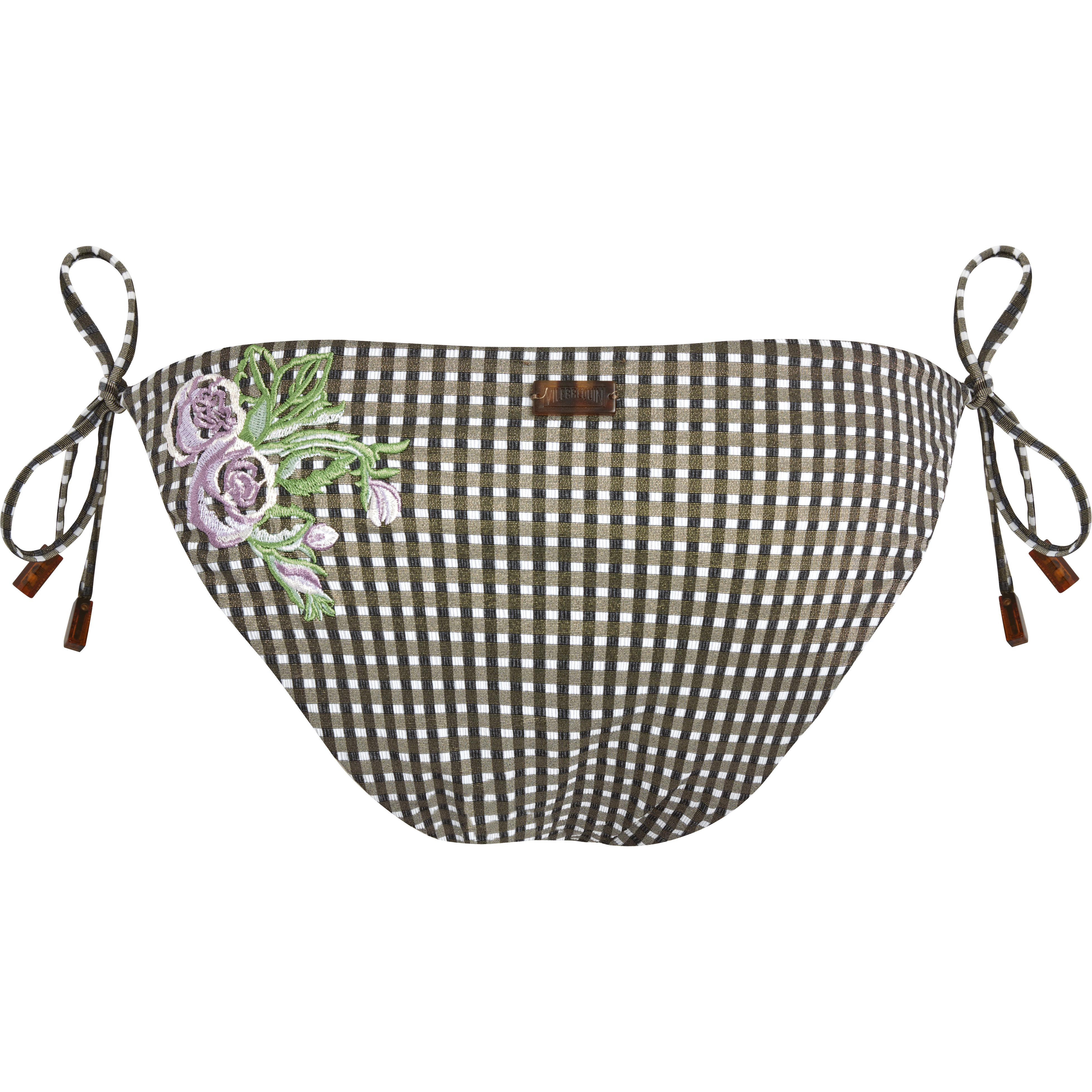 Women String Bikini Bottom Pocket Check Fleurs Brodées - 2