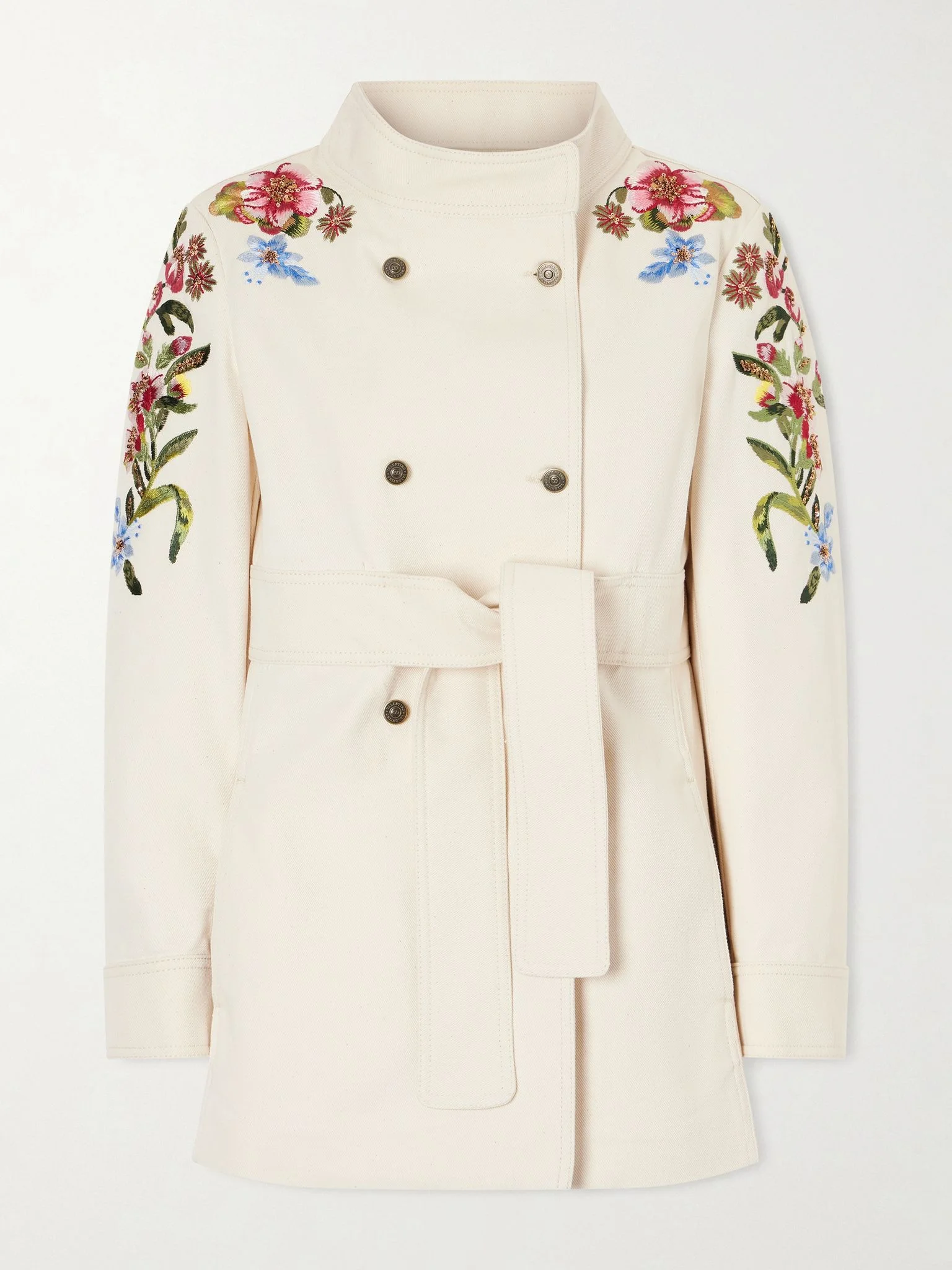 Belted embellished embroidered denim jacket Cream - 1