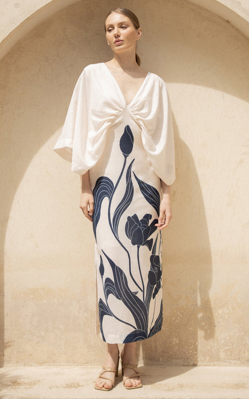 ANDRES OTALORA Doble Flor Draped Linen Midi Dress navy outlook