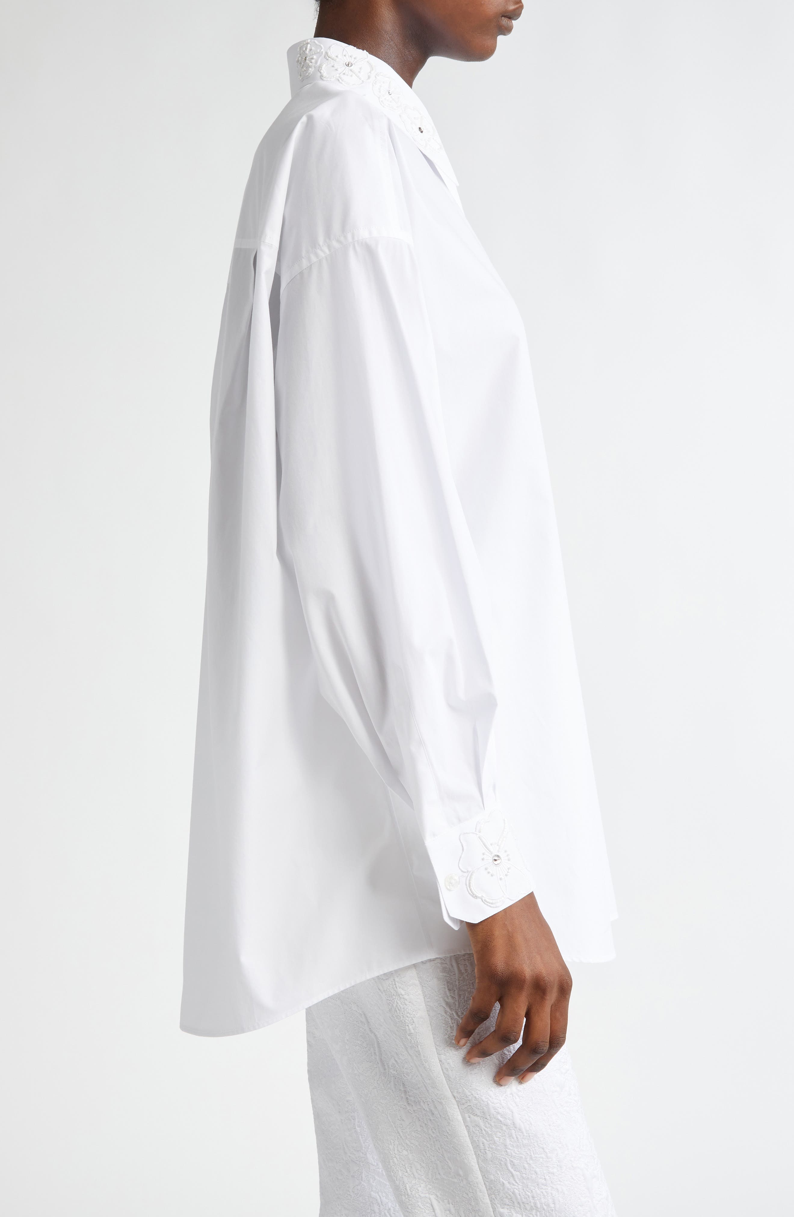 Dolce&Gabbana Embroidered Trim Long Sleeve Cotton Poplin Button-Up Shirt in W0800 Bianco Ottico at N - 4
