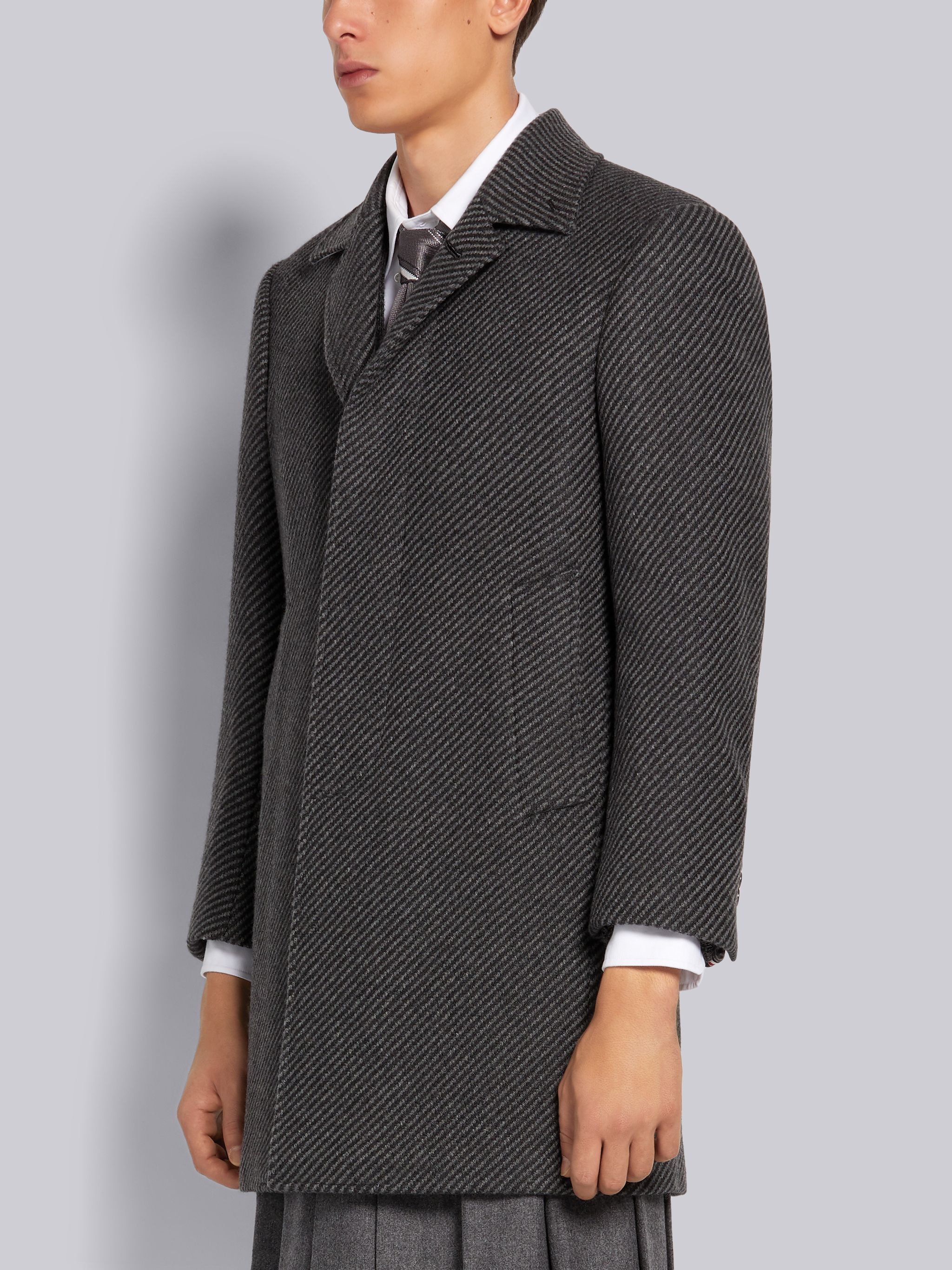 Medium Grey Twill Weave Cashmere Tweed Bal Collar Classic Overcoat - 2