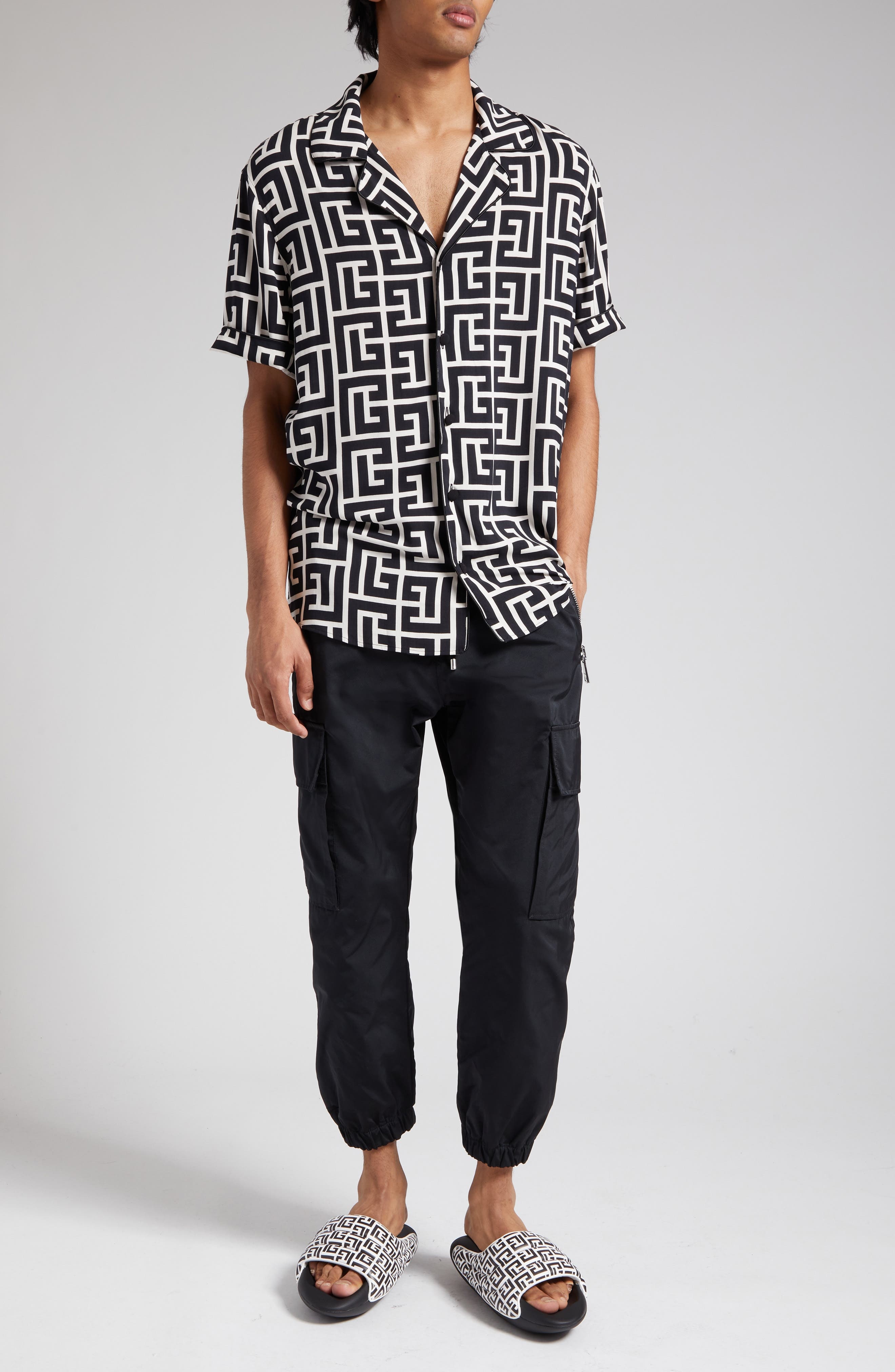 Balmain Macro Monogram Short Sleeve Pajama Shirt in Ivory/Black at Nordstrom - 2