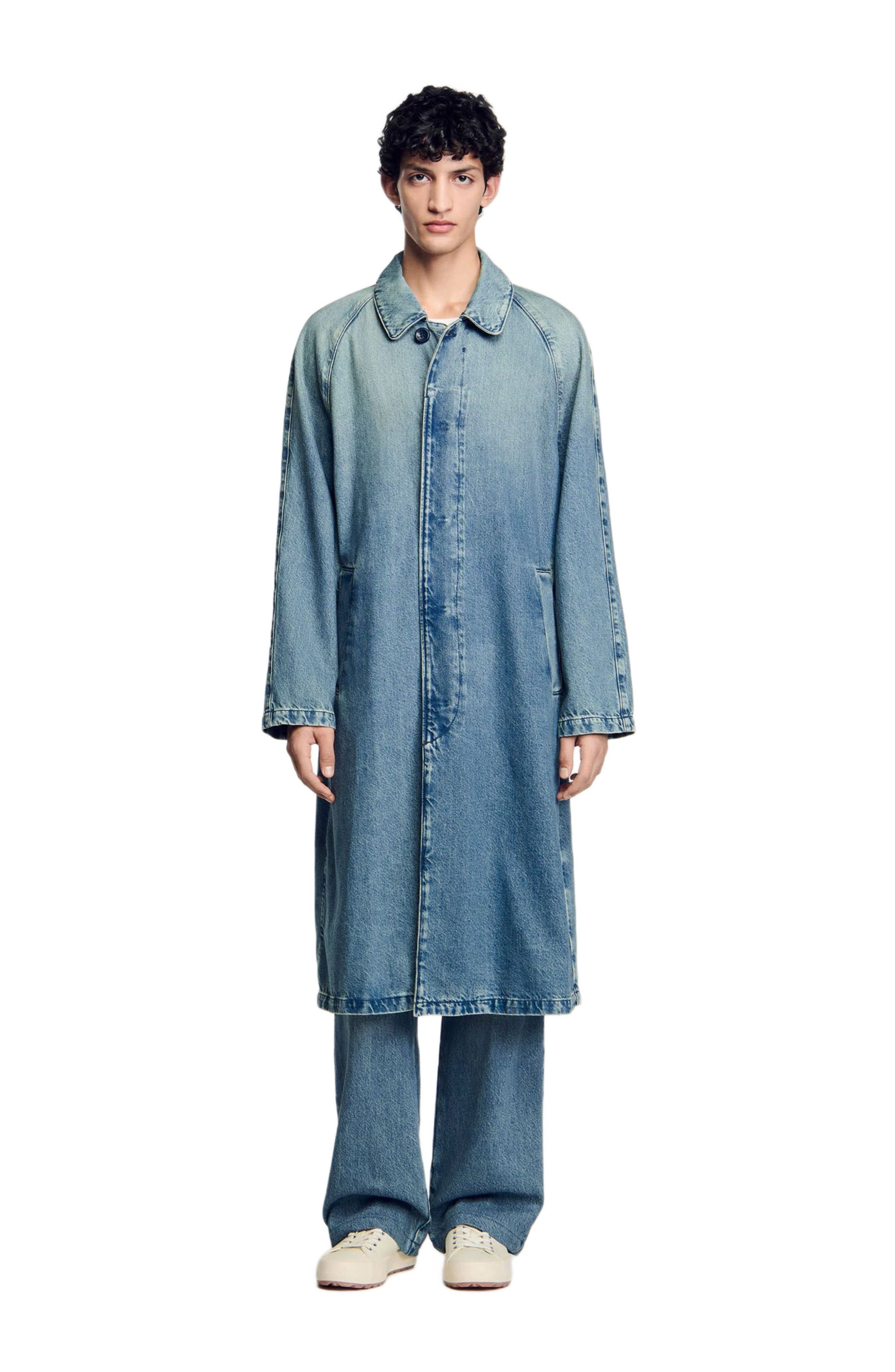 SANDRO Long faded denim coat in Blue Vintage - 1